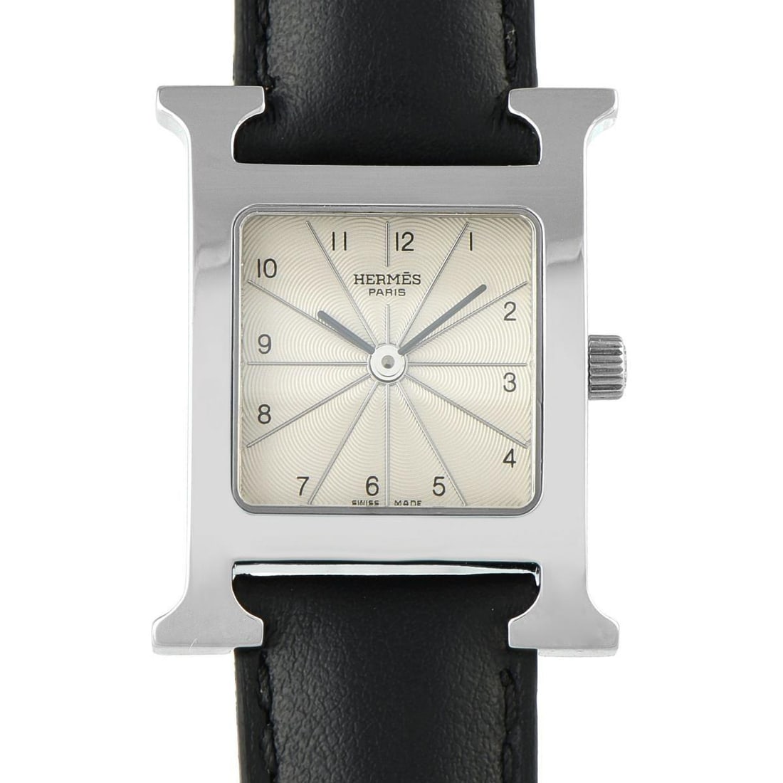 HERMES HEURE H STEEL QUARTZ WATCH: Designed for easy elegance, the Hermes Heure H ref. RS1.205 features the signature H steel case paired with interchangeable straps. The watch is equipped with a Swiss quartz movement and an opaline si