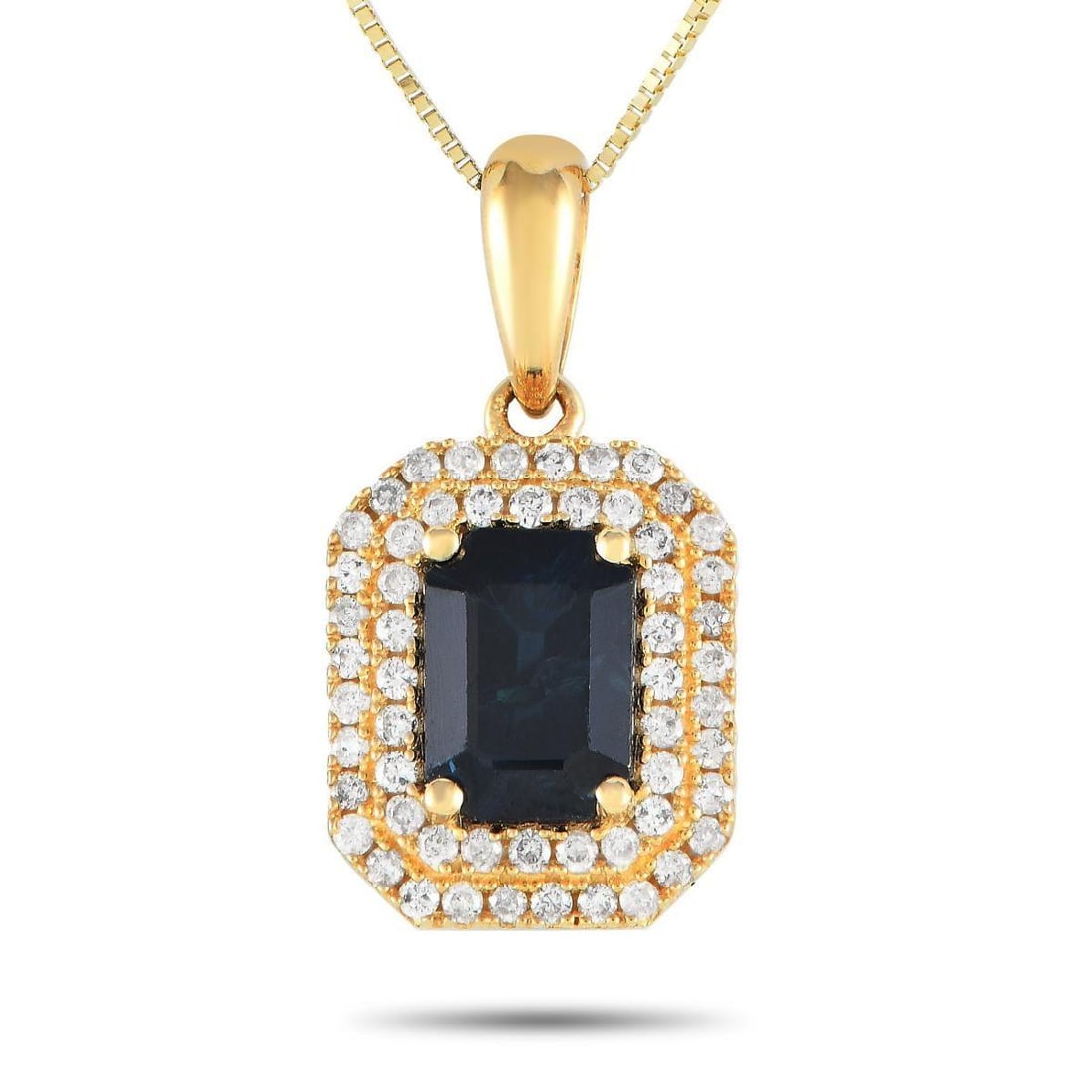 14K YELLOW GOLD 0.24CT DIAMOND AND SAPPHIRE PENDANT NECKLACE: Make a statement by adding this impeccably crafted necklace to any ensemble. Breathtaking and elegant, this necklace features a 14K Yellow Gold pendant measuring 0.75 long by 0.45 wide. It comes to li