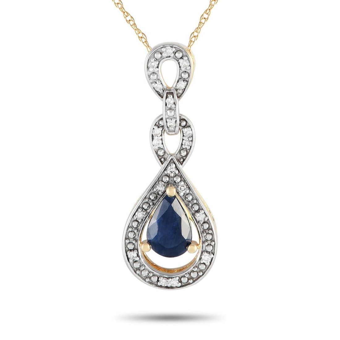 14K YELLOW GOLD 0.08CT DIAMOND AND SAPPHIRE NECKLACE: Exuding poise and grace, this yellow gold necklace will instantly elevate your style. Its diamond-traced pendant features openwork links. The largest link bears a pear-shaped silhouette punctuated by 