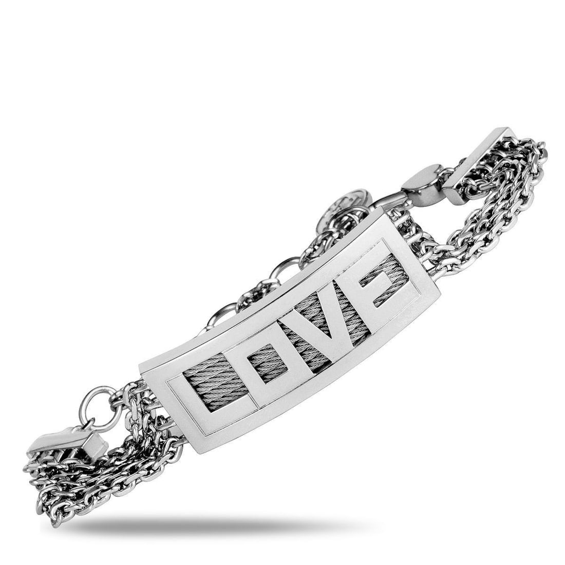 CHARRIOL FOREVER LOVE STAINLESS STEEL BAR BRACELET: Boasting multiple chains onto which an eye-catching, extraordinarily designed pendant is attached, this incredible Forever Love stainless steel bracelet from Charriol offers a stunningly offbeat appea