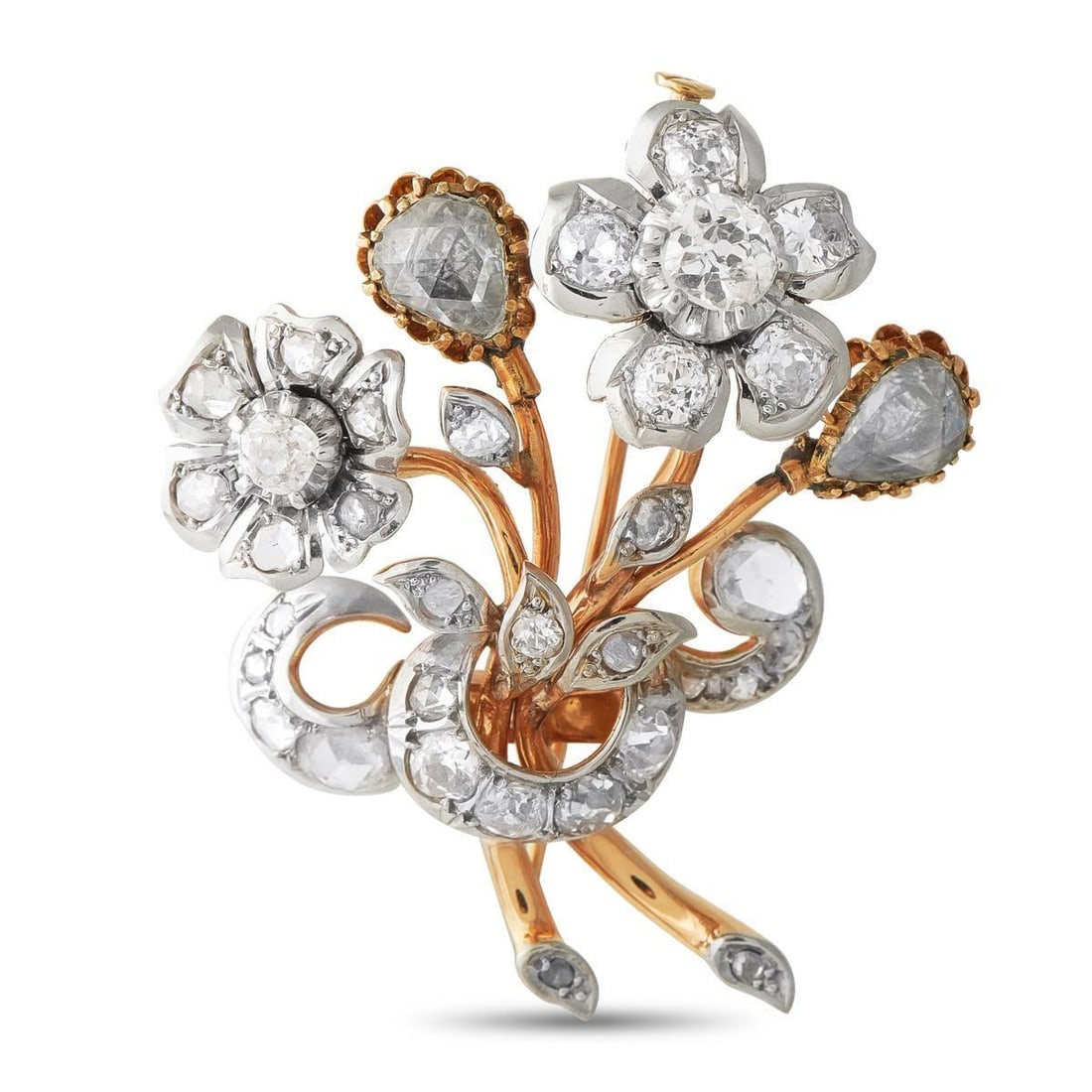 PLATINUM AND 18K ROSE GOLD 4.52CT DIAMOND EDWARDIAN FLOWER BROOCH: You're looking at a wearable ode to Edwardian refinement. This brooch is crafted in platinum and rose gold and features a floral bouquet motif that captures the graceful elegance of a bygone era. Diam