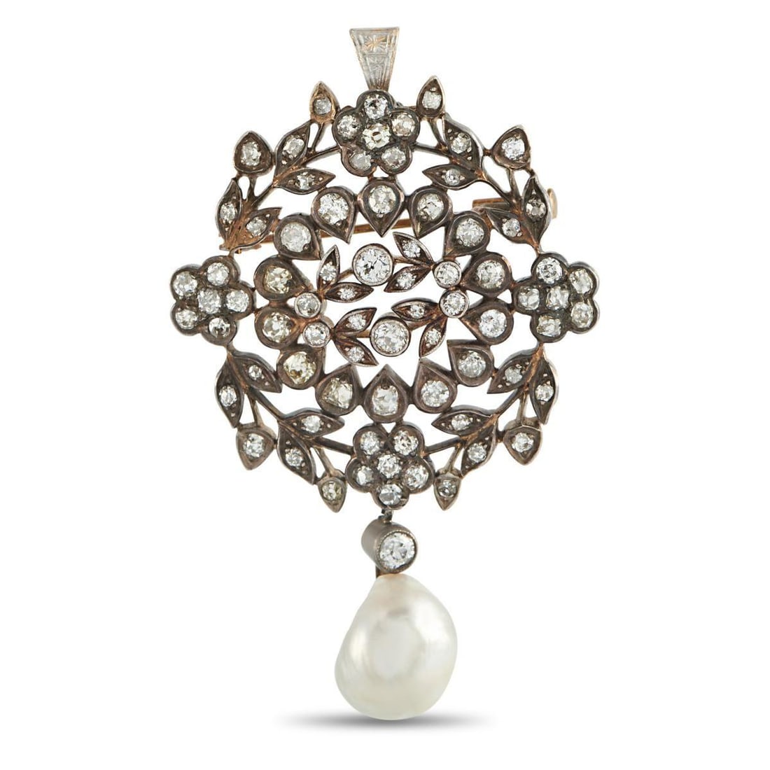ANTIQUE VICTORIAN 14K ROSE GOLD 2.0CT DIAMOND AND PEARL BROOCH: Intricate metalwork and organic motifs make this antique Victorian brooch simply exquisite. Crafted from 14K Rose Gold, Diamonds with a total weight of approximately 2.0 carats complement the dangling
