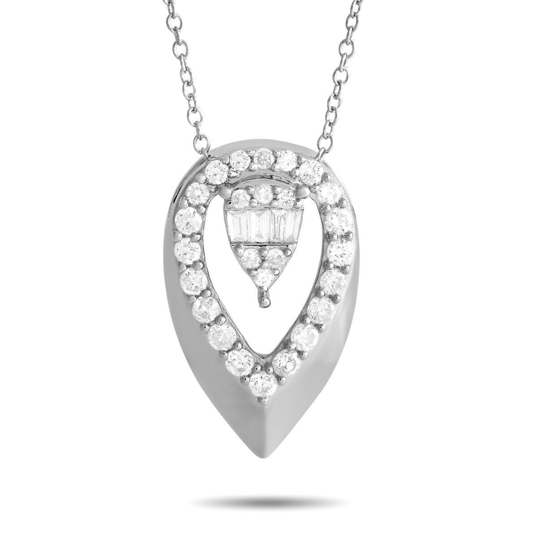 14K WHITE GOLD 0.30CT DIAMOND TEARDROP NECKLACE: Simple is stunning, and this diamond teardrop necklace proves it. This white gold sparkler features a diamond-traced teardrop cut-out pendant measuring less than an inch in size. A smaller pear-shaped