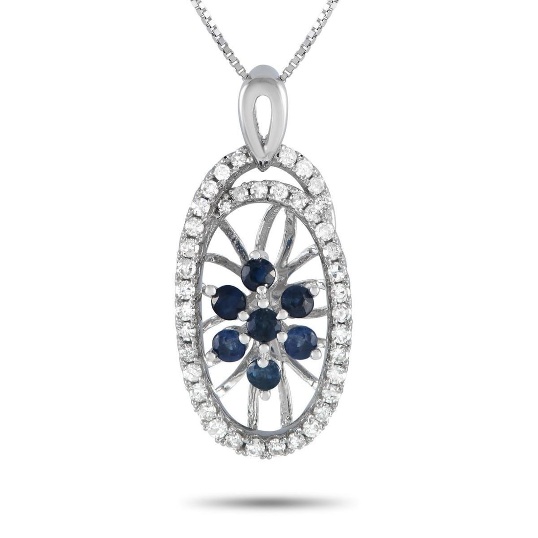 14K WHITE GOLD 0.22CT DIAMOND AND SAPPHIRE NECKLACE: Showcase your edgy yet elegant style with this necklace. It has an 18-long white gold chain and an oval open-worked pendant. The pendant's edges are traced with diamonds, while its center has a web-li