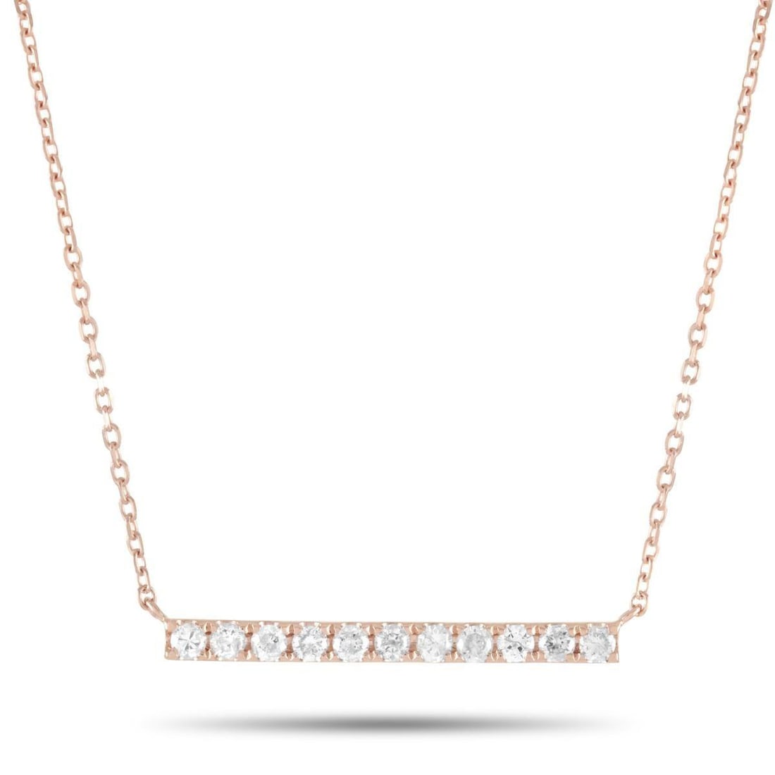 14K ROSE GOLD 0.25 CT DIAMOND PENDANT NECKLACE: This necklace is crafted from 14K rose gold and weighs 2 grams. It is presented with a 15 chain and boasts a pendant that measures 0.07 in length and 0.75 in width. The necklace is set with diamonds t