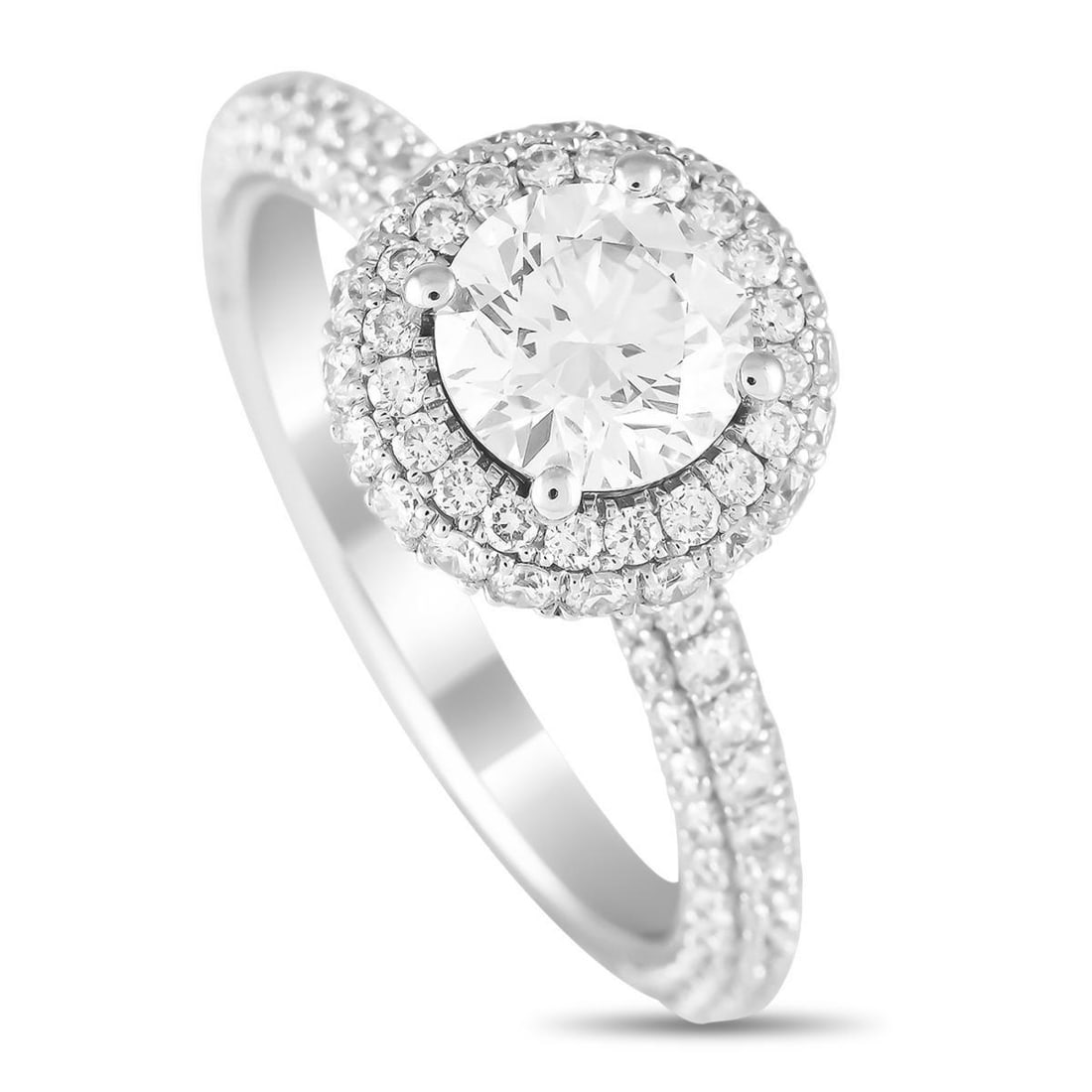 14K WHITE GOLD 2.13CT LAB GROWN DIAMOND RING: Covered in sparkling gemstones, this 14K White Gold ring will forever make a statement. A 1.02 carat round brilliant Lab Grown Diamond center stone adds visual impact to the classic design, while addi