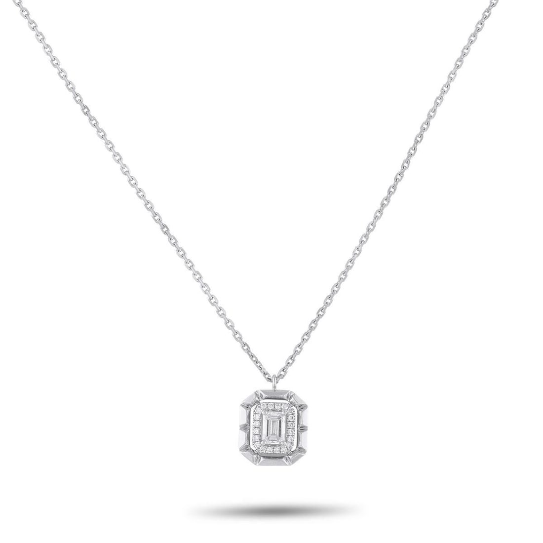 18K WHITE GOLD 0.62CT DIAMOND PENDANT NECKLACE: This necklace is simple, stylish, and incredibly sophisticated. The perfectly understated design features an 18K White Gold pendant measuring 0.50 long by 0.44 wide suspended from a delicate 18 chain.