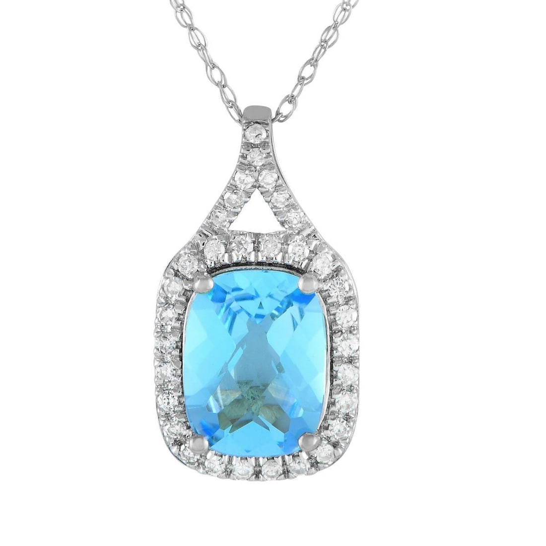 14K WHITE GOLD 0.13CT DIAMOND AND BLUE TOPAZ PENDANT NECKLACE: A brilliant blue Blue Topaz gemstone makes a statement on this impeccably crafted luxury necklace. This pieces pendant is crafted from 14K White Gold and measures 0.75 long by 0.45 wide. Its suspended