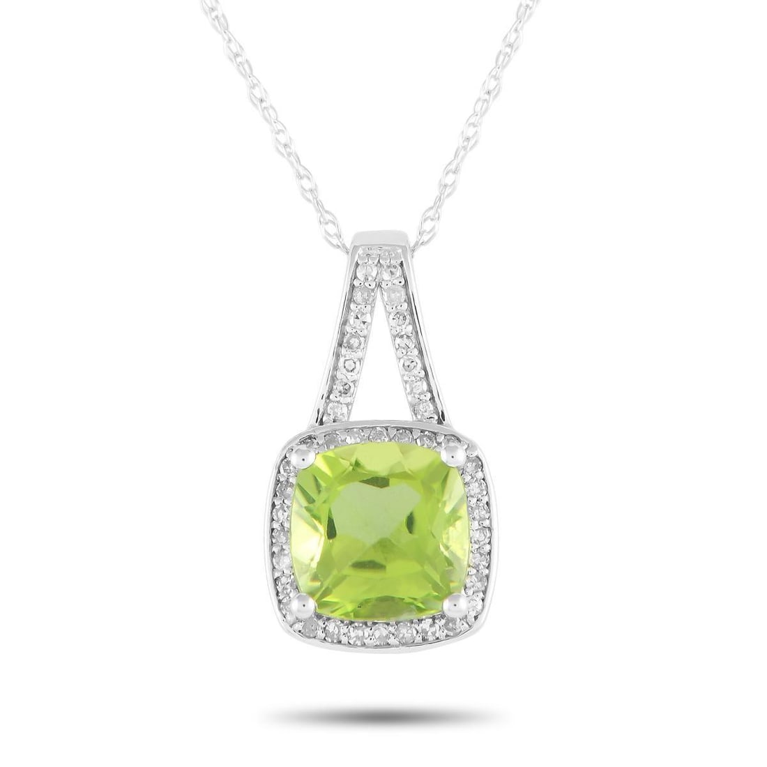 14K WHITE GOLD 0.12CT DIAMOND AND PERIDOT NECKLACE: Add some fun to your accessorizing game with this colored gemstone necklace. It features an 18-long double cable chain holding a 0.65 by 0.45 pendant. The pendant held by a diamond-traced split bail h