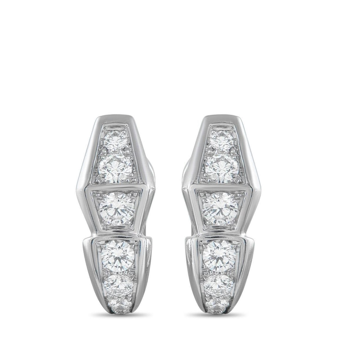 BVLGARI SERPENTI 18K WHITE GOLD 1.52CT DIAMOND EARRINGS: An abstract snakes head design makes these Bvlgari Serpenti earrings instantly alluring. Set in 18K White Gold, these iconic earrings shine brightly thanks to inset Diamonds with a total weight of 1.5