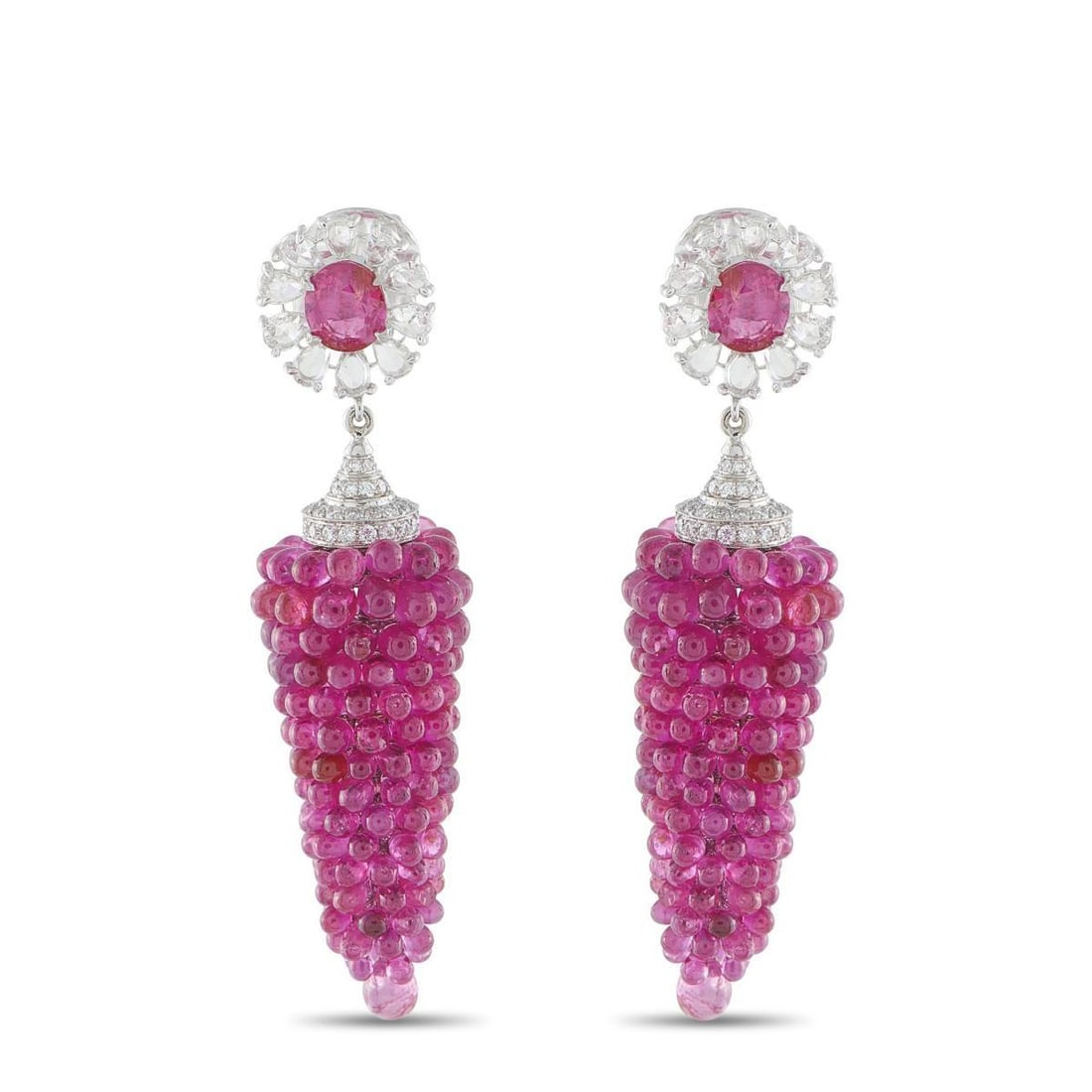 18K WHITE GOLD 1.50CT DIAMOND AND RUBY EARRINGS: These earrings offer a uniquely elegant design that is simply unforgettable. Ruby gemstones with a total weight of 22.0 carats accent the base and are arranged in a hanging cluster below the 18K White