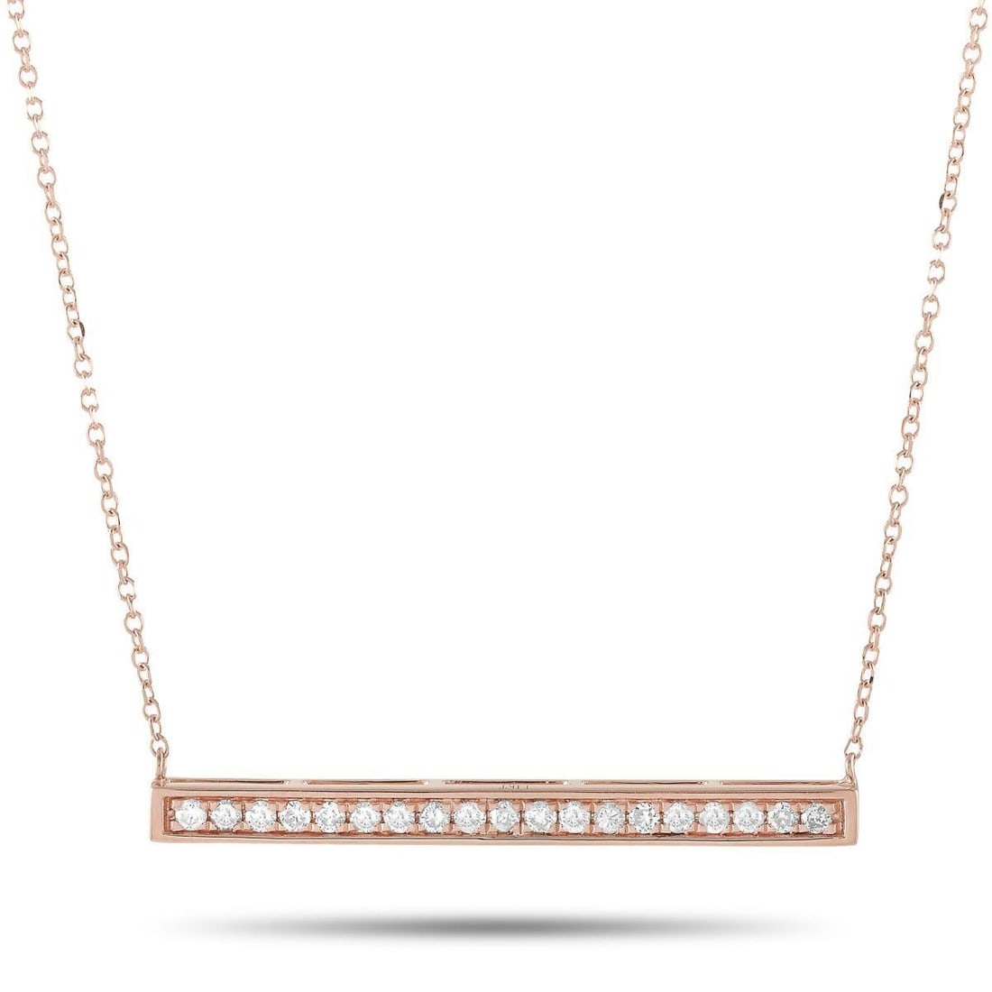 14K ROSE GOLD 0.25CT DIAMOND BAR NECKLACE: This necklace is crafted from 14K rose gold and weighs 2.1 grams. It is presented with a 15 chain and boasts a pendant that measures 0.13 in length and 1.25 in width. The necklace is set with diamonds