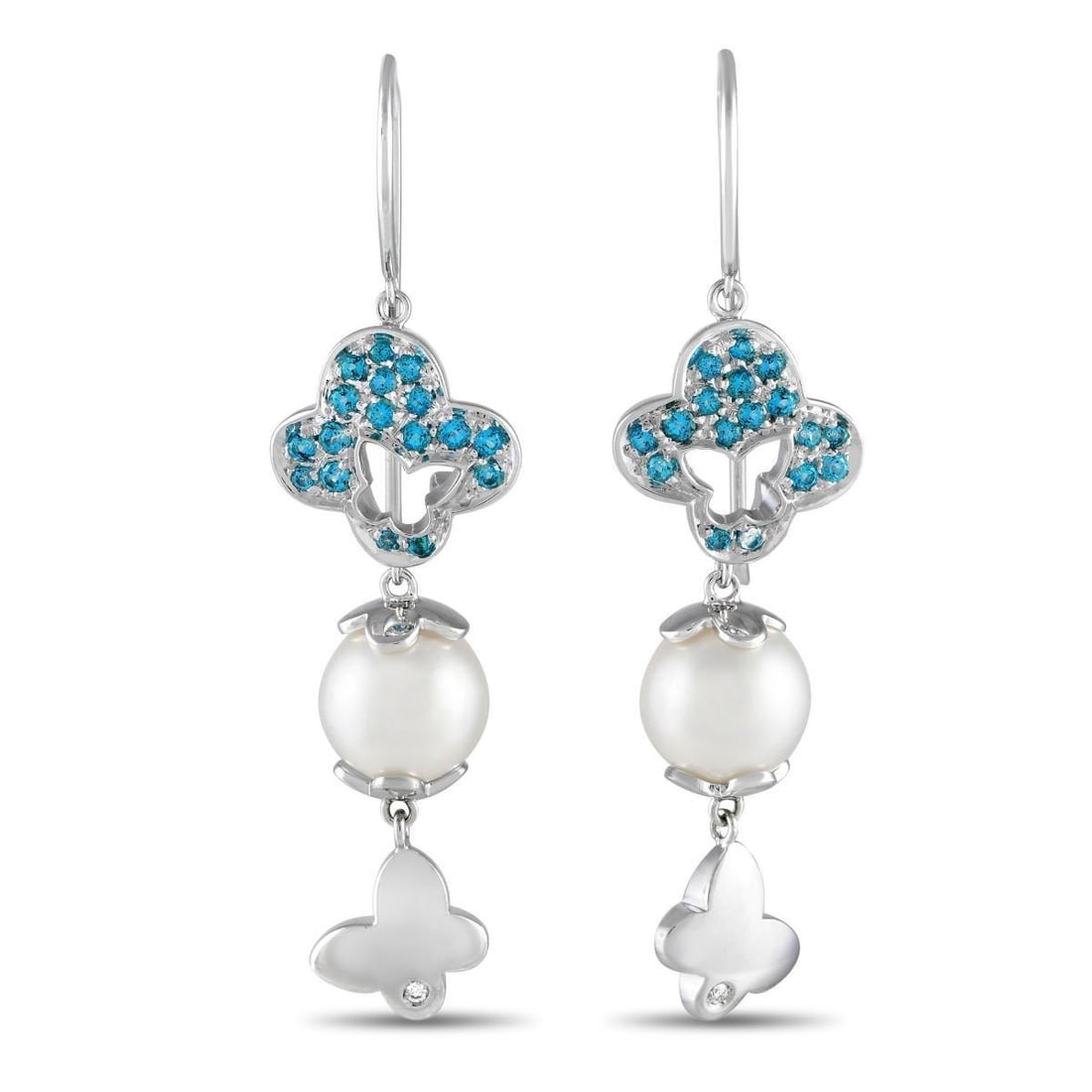 IO SI 18K WHITE GOLD 0.02CT DIAMOND AND BLUE GEMSTONE EARRINGS: Butterfly motifs can be found throughout these simple, stylish Io Si earrings. The 18K white gold setting provides the perfect backdrop for sparkling blue gemstones and diamonds with a total weight of