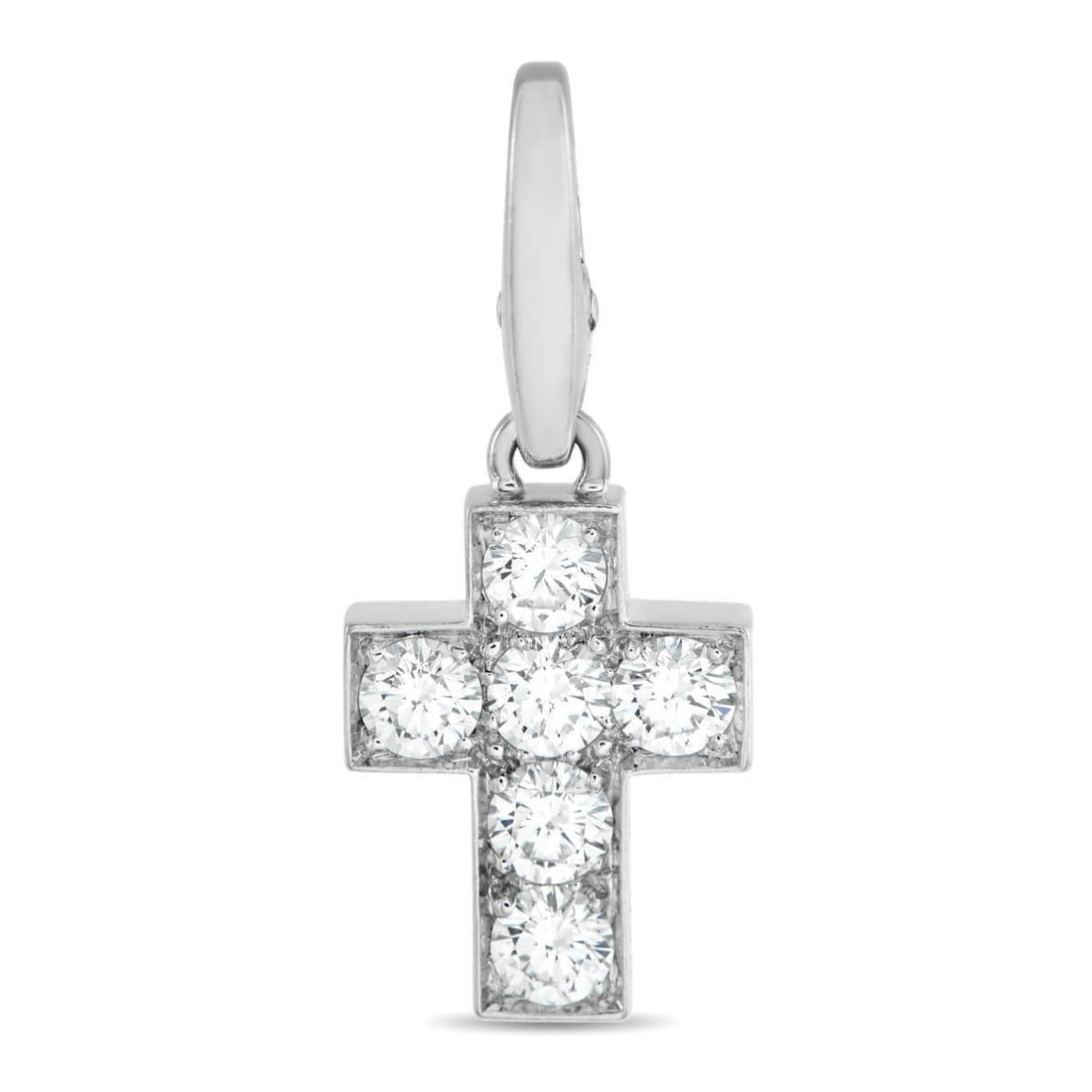 CARTIER 18K WHITE GOLD CROSS 0.90CT DIAMOND PENDANT: With a classic cross shape, this Cartier pendant offers a stylish symbol of your faith. Set in 18K White Gold, the timeless design is elevated by Diamonds with a total weight of 0.90 carats. It measur