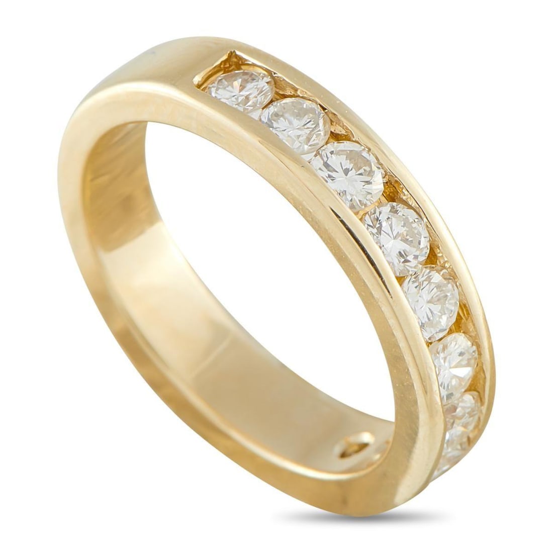 14K YELLOW GOLD 0.75CT DIAMOND HALF-ETERNITY BAND RING: Easy to wear on its own or layered with other bands, this piece offers a sense of permanence that feels relevant day after day. The ring is crafted in 14K yellow gold and features a channel of round d