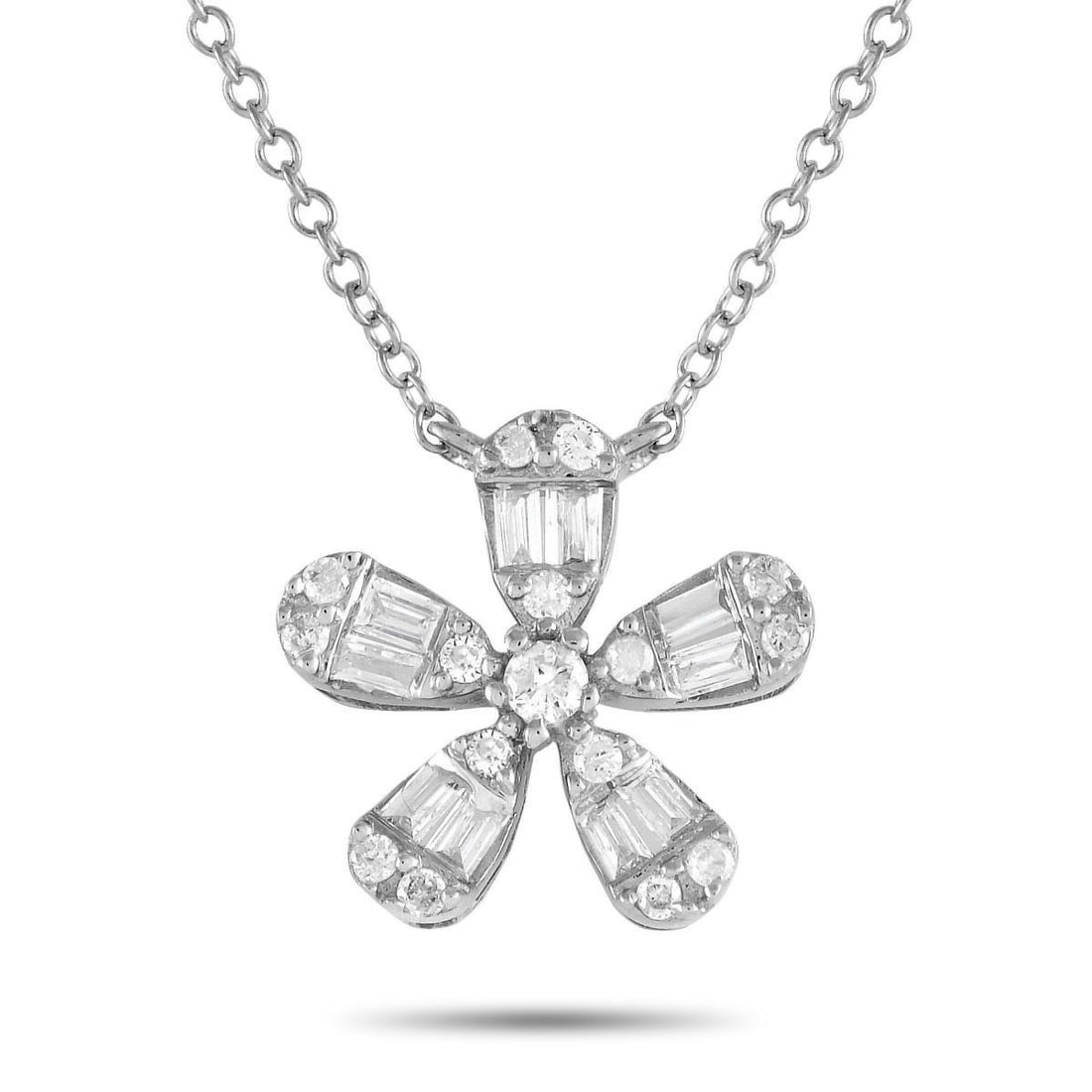 14K WHITE GOLD 0.23CT DIAMOND FLOWER NECKLACE: A dainty floral shaped pendant measuring 0.45 round makes a statement thanks to inset diamonds totaling 0.23 carats on this charming necklace. This elegant accessory is crafted from 14K white gold and