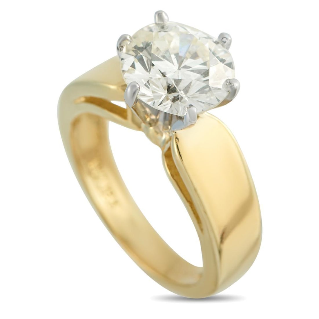 18K YELLOW GOLD 2.01CT DIAMOND SOLITAIRE RING: This exquisite Diamond solitaire ring is meant to make a statement. A 2.01 carat round-cut Diamond center stone offers endless sparkle, while the bold 18K Yellow Gold setting exudes old fashioned eleg