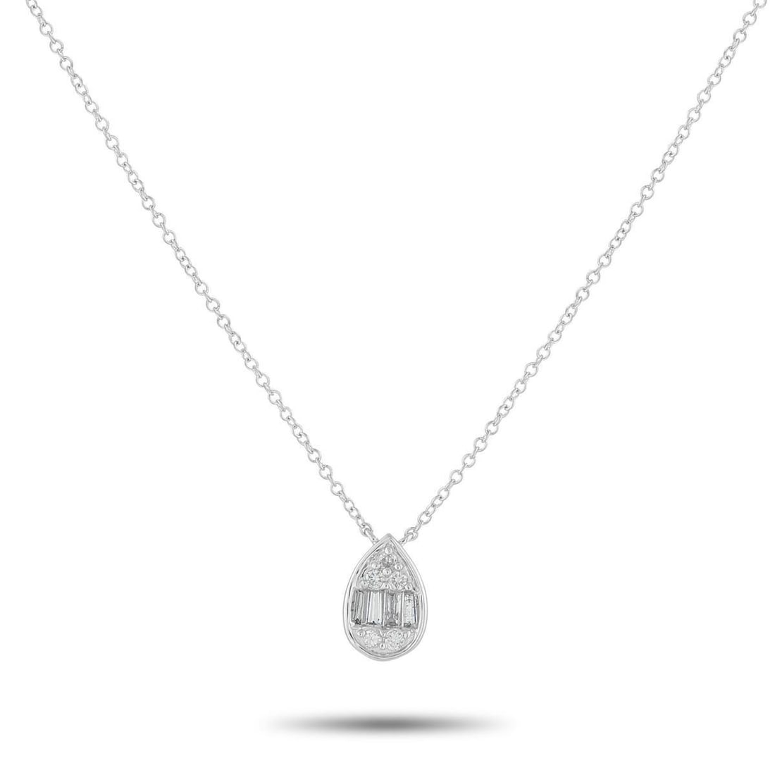 14K WHITE GOLD 0.20CT DIAMOND NECKLACE: Add a subtle touch of sparkle to any ensemble with this elegant necklace. The pear-shaped pendant shines to life thanks to inset Diamonds totaling 0.20 carats. Crafted from 14K White Gold, the pendant