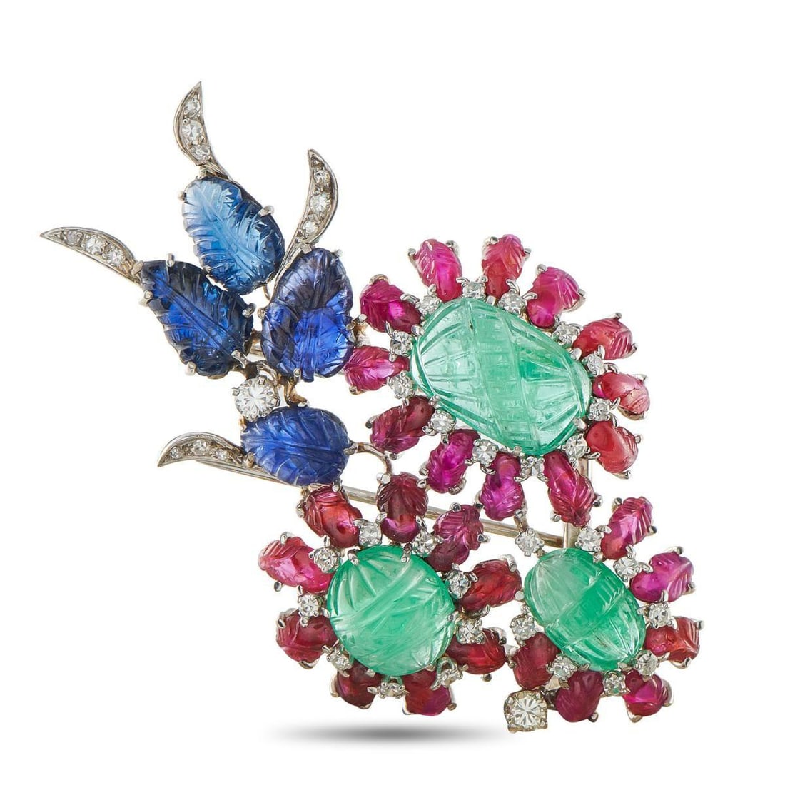 PLATINUM 1.40CT DIAMOND, RUBY, EMERALD, AND SAPPHIRE BROOCH: This luxury brooch will add a bold pop of color to any ensemble. Emeralds with a total weight of 14.0 carats serve as a stunning focal point, while Ruby gemstones totaling 9.70 carats and Sapphire gem