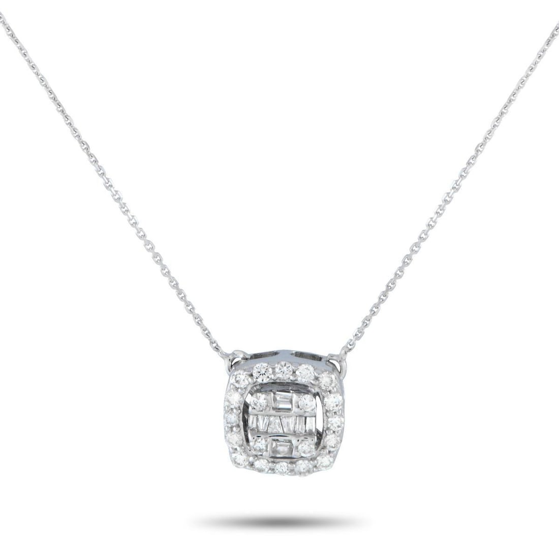 14K WHITE GOLD 0.25CT DIAMOND CUSHION NECKLACE: Great for everyday wear, this diamond necklace offers a dainty sparkle that effortlessly enhances an outfit. It is designed with a barely-there chain in 14K white gold and a cushion-shaped halo of rou