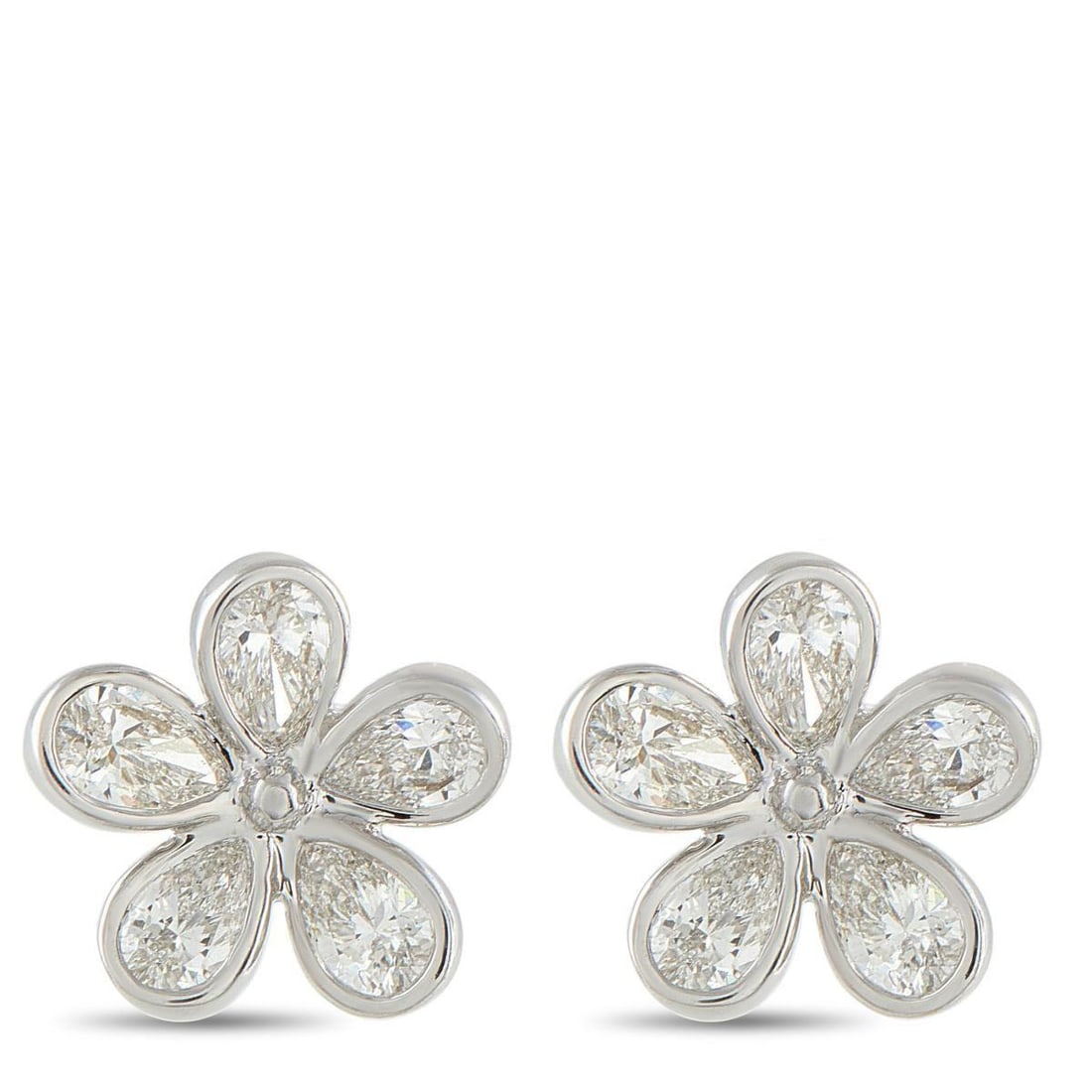 18K WHITE GOLD 2.50CT DIAMOND FLOWER EARRINGS: Delicate yet dazzling, these flower-shaped studs bloom in 18K white gold. Five pear-cut diamonds form the petals, each set in polished bezels that let every facet shine. Together, they total 2.5 carat