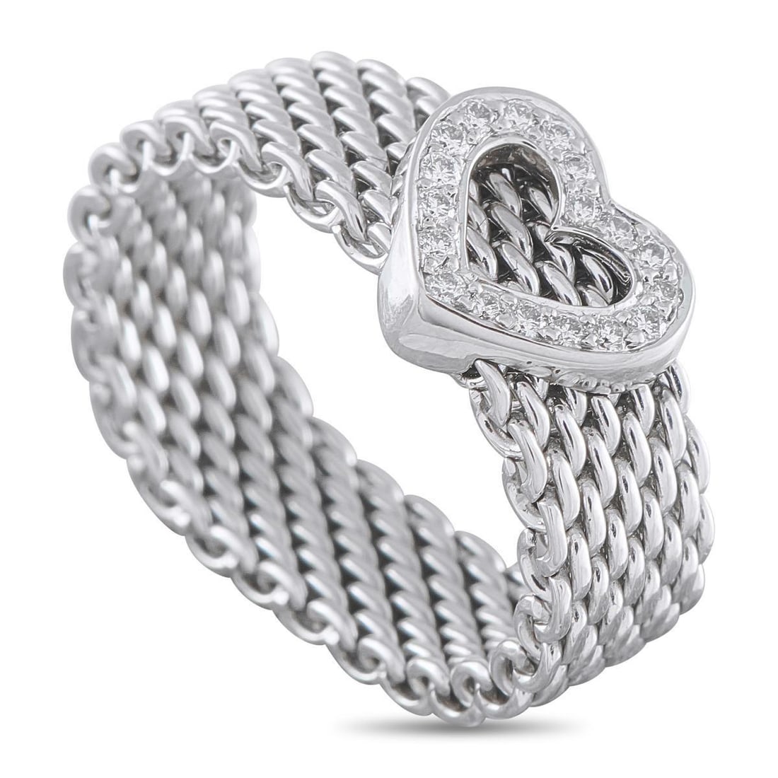 TIFFANY & CO. 18K WHITE GOLD DIAMOND HEART RING: This Tiffany & Co. ring is incredibly charming. Crafted from 18K White Gold, the mesh band is perfectly juxtaposed with a heart-shaped motif accented by inset Diamonds. A 6mm wide band and a 4mm top h