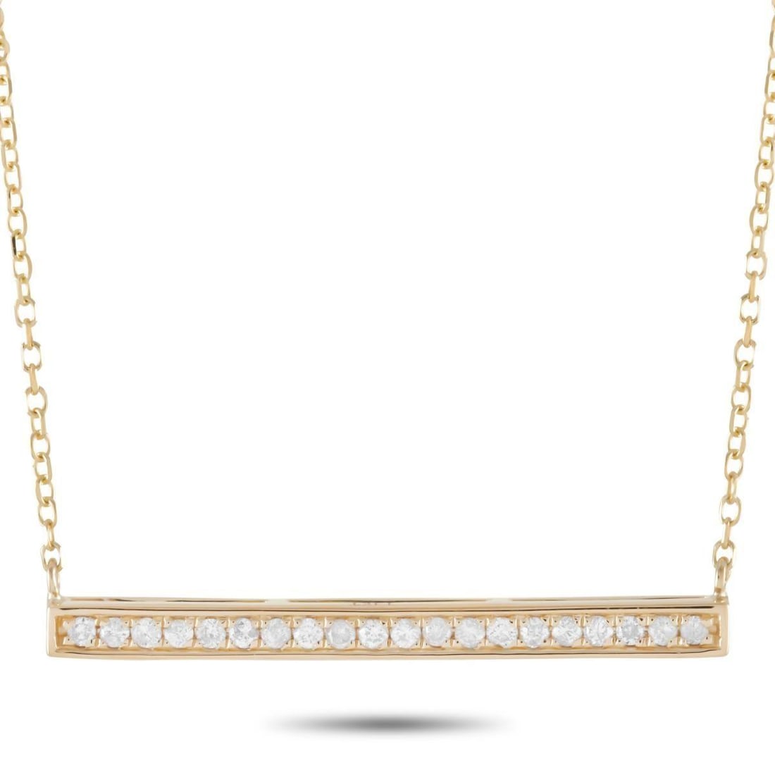 14K YELLOW GOLD 0.10CT DIAMOND PENDANT NECKLACE: This necklace is made of 14K yellow gold and embellished with diamonds that amount to 0.10 carats. The necklace weighs 1.8 grams and boasts a 15 chain and a pendant that measures 0.07 in length and 1 