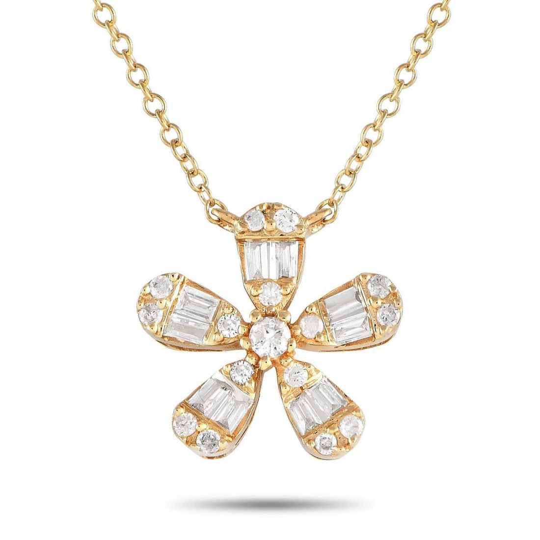 14K YELLOW GOLD 0.23CT DIAMOND FLOWER NECKLACE: Diamonds with a total weight of 0.23 carats add a touch of sparkle to this necklaces charming floral-shaped pendant. Suspended at the center of a 16 chain, the pendant measures 0.45 round and is craft