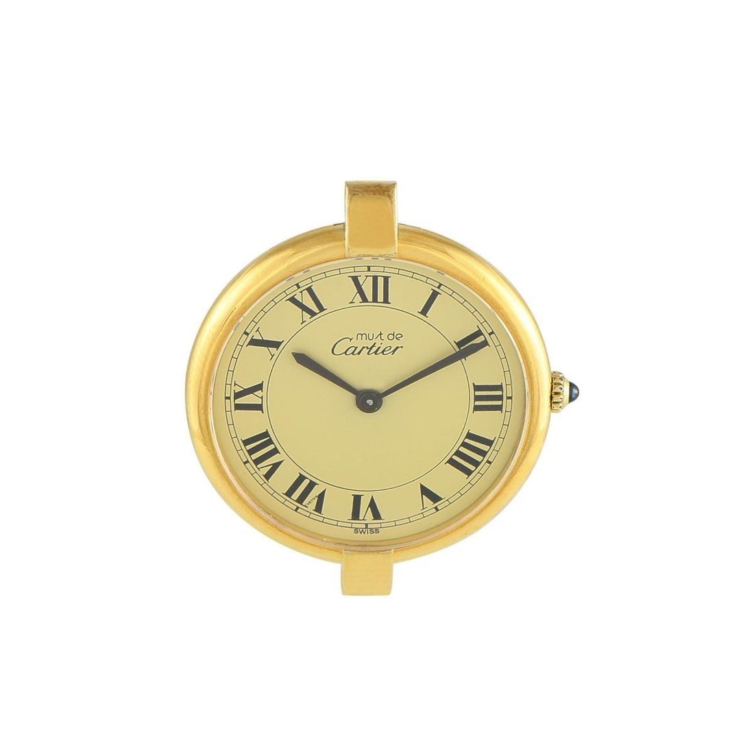 CARTIER MUST DE CARTIER VENDME GOLD ROMAN DIAL VERMEIL QUARTZ WATCH: Here is a Must de Cartier case in sterling silver thickly plated with 20-microns of yellow gold. The round case bears the distinctive Vendme lugs characterized by T-shaped bars. It has a matte gold di