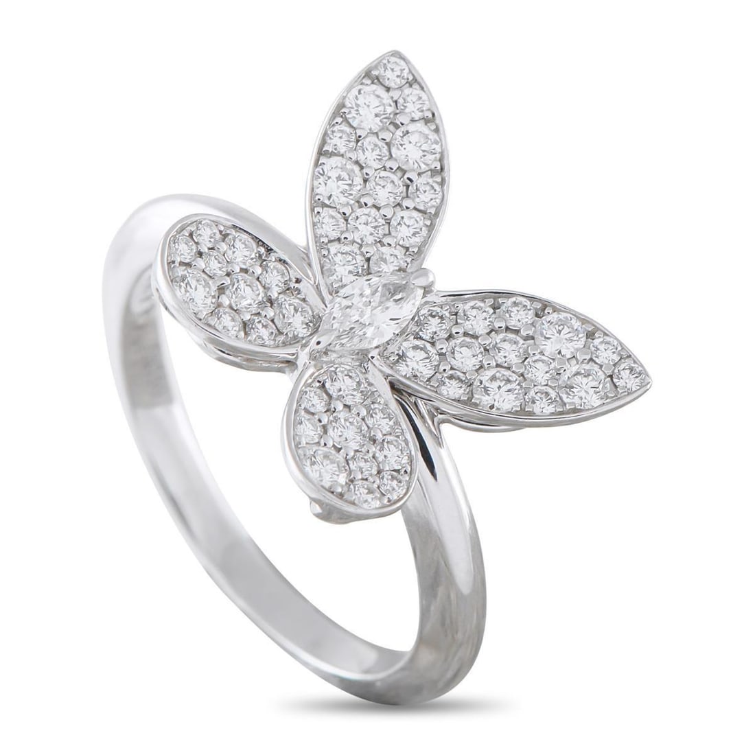 GRAFF 18K WHITE GOLD 0.55CT DIAMOND PAV BUTTERFLY RING: This Graff Pav Butterfly ring will add a touch of charm to any ensemble. Glittering wings placed at a slight angle provide the captivating butterfly motif with a subtle touch of realism. Covered in Di