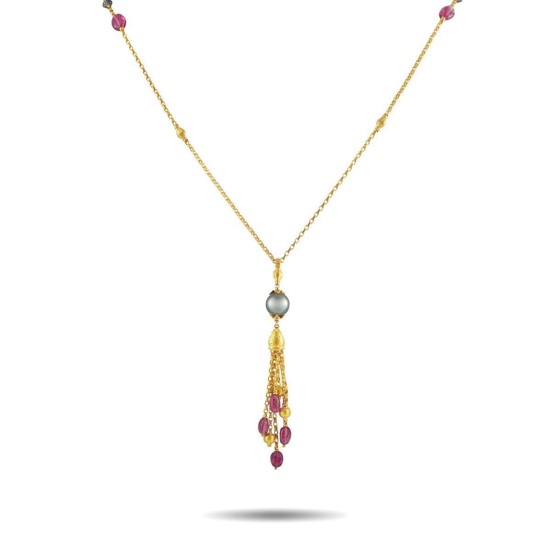 KONSTANTINO 18K YELLOW GOLD TAHITIAN PEARL AND TOURMALINE NECKLACE: This Konstantino necklace is designed to continually make a statement. Crafted from 18K Yellow Gold, the chain and the central pendant are elevated by Tahitian Pearl accents and Tourmaline gemstones. 