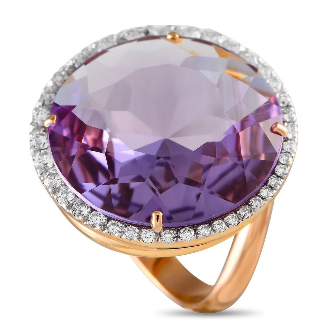 CASATO 18K ROSE GOLD 0.78CT DIAMOND AND AMETHYST RING: Graceful curves and a minimalist setting allow sparkling gemstones to take center stage on this breathtaking Casato ring. A round amethyst gemstone makes a statement at the center of the 18K rose gold