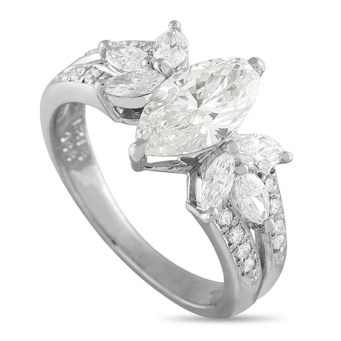PLATINUM 1.89CT DIAMOND RING: This exquisitely crafted ring will continually catch the light. The classic design includes a 1.21 carat marquise-cut Diamond center stone as well as sparkling Diamond accents totaling 0.68 carats. Se