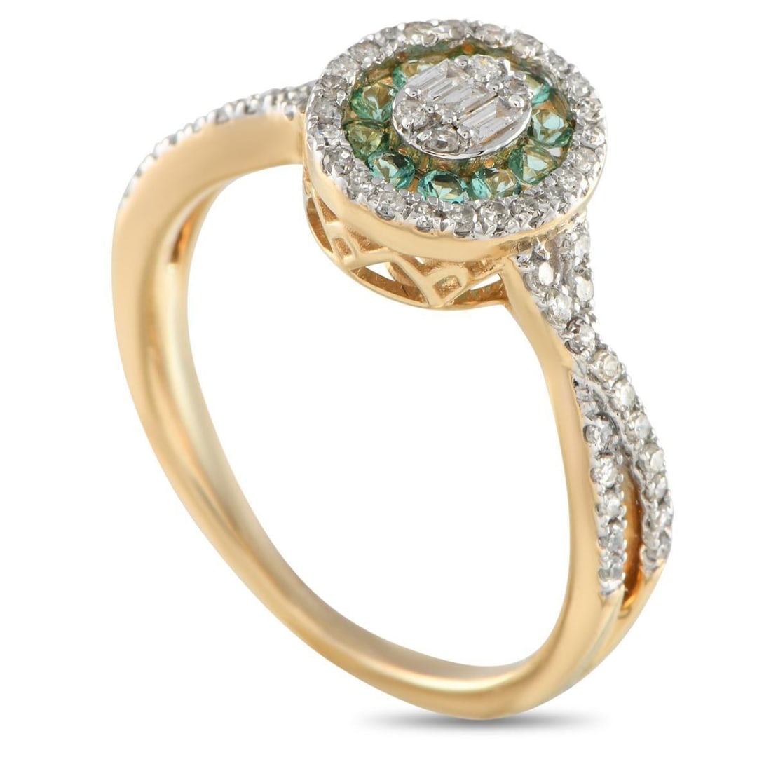 14K YELLOW GOLD 0.40CT DIAMOND AND EMERALD RING: This diamond and emerald ring, an , offer an easy way to transform your look. Crafted from 14K yellow gold, the oval-shaped diamond clusters elegantly frame vibrant emeralds and a shimmering diamond c