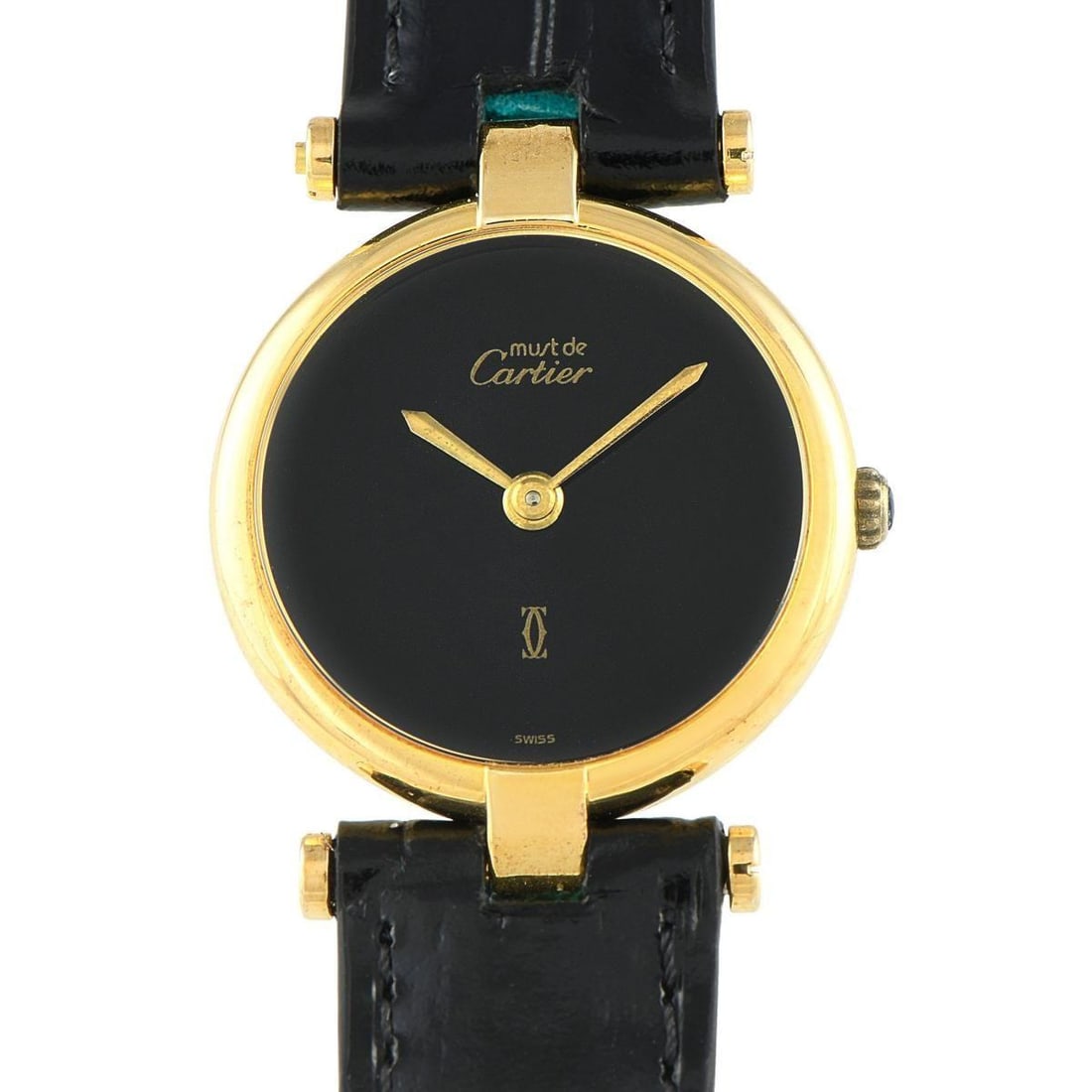 CARTIER MUST DE CARTIER VENDME BLACK DIAL VERMEIL QUARTZ WATCH: Designed with the poise of black and gold, this Must de Cartier Vendme watch has the look of cultivated style. Its round case is crafted in gold-plated sterling silver and paired with a cabochon crown