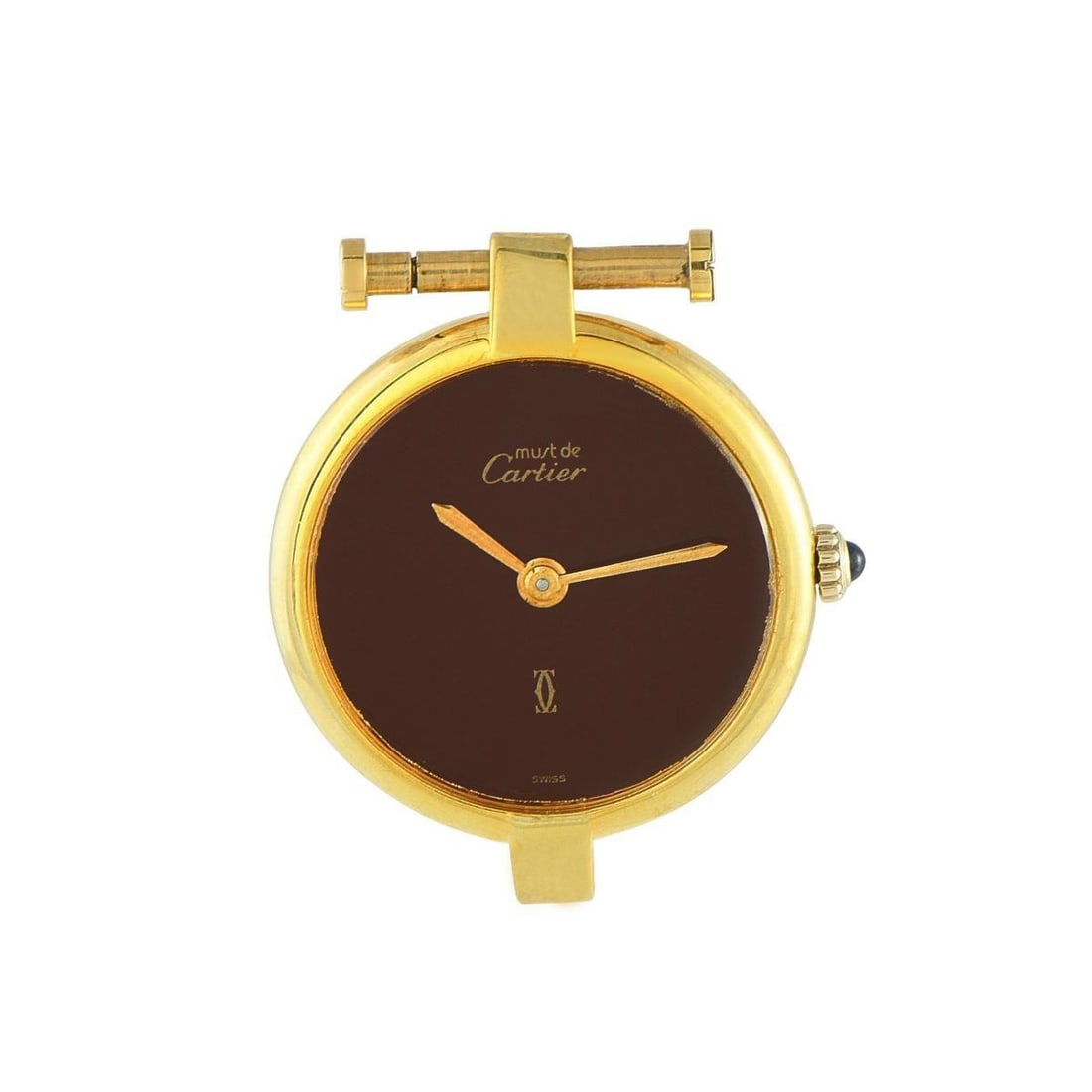 CARTIER MUST DE CARTIER VENDME BURGUNDY DIAL VERMEIL QUARTZ WATCH: Here is a vintage Cartier Must Vendme offered as a standalone case and dial, without a strap. The case is crafted in sterling silver with thick 20-micron gold plating. It showcases Cartier's timeless 