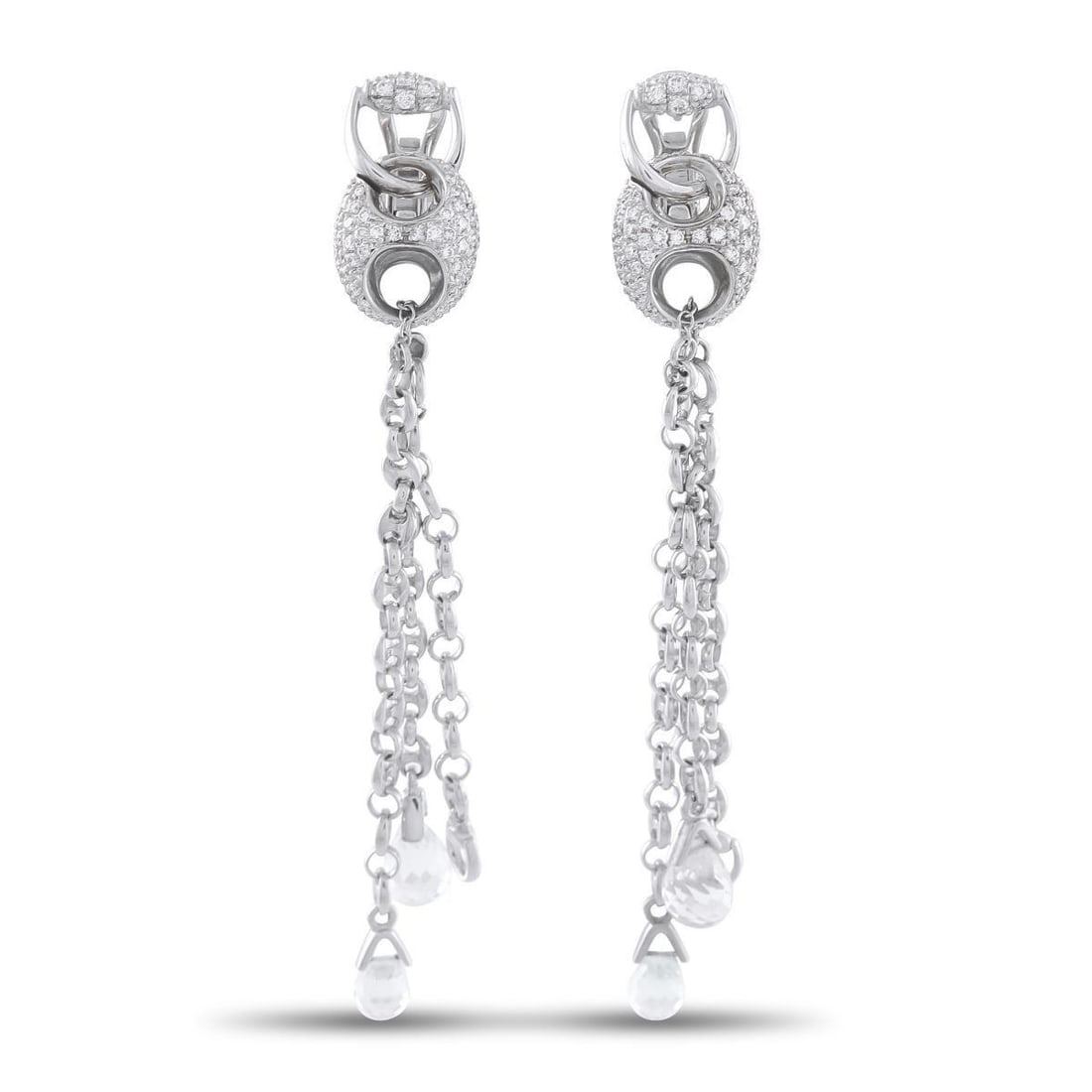 GUCCI HORSEBIT 18K WHITE GOLD 1.20CT DIAMOND AND WHITE TOPAZ EARRINGS: On these Gucci Horsebit earrings, the luxury brands most iconic motif is expertly reimagined. Diamonds totaling 1.20 carats and dangling White Topaz gemstones allow them to effortlessly elevate any en