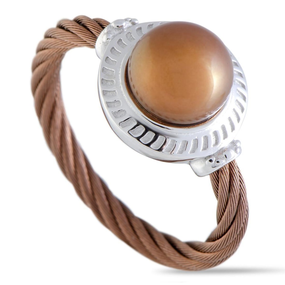 CHARRIOL PEARL STAINLESS STEEL AND BRONZE PVD BROWN PEARL ROUND CABLE RING: This charming Pearl ring presented by Charriol is a vision of sophisticated refinement with its sublime understated design and tasteful dcor. The ring is made of partially bronze PVD-coated stainless 