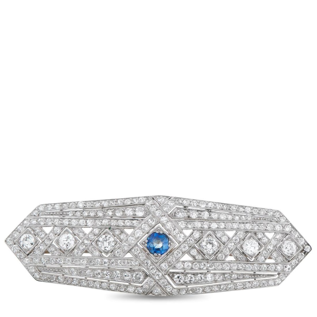 PLATINUM 4.0CT DIAMOND AND SAPPHIRE BROOCH: This brooch exudes Art Deco elegance. Set in Platinum, Diamonds with a total weight of 4.0 carats add a touch of luxury to the stunning symmetrical setting. A 0.45 carat Sapphire at the center serves 