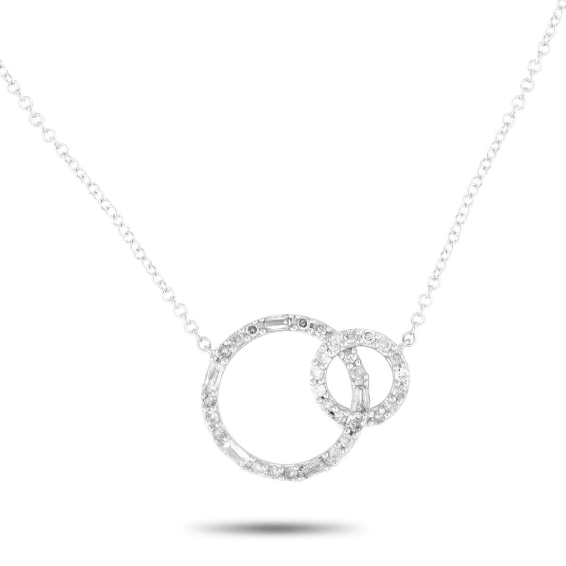 14K WHITE GOLD 0.25CT DIAMOND NECKLACE: This luxury necklace is ideal for everyday wear. Suspended at the center of a 16 chain, youll find a 14K White Gold pendant that consists of interlocking circles. Diamonds with a total weight of 0.25 