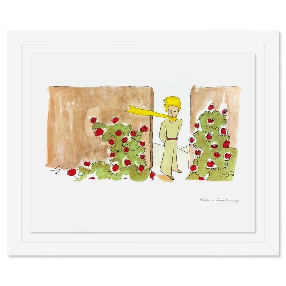 Antoine de Saint-Exupery 1900-1944 (After), "The Little Prince In The Garden" Framed Limited Edition: The Little Prince In The Garden is a limited edition lithograph by Antoine de Saint-Exupery (1900-1944), bearing the plate signature of the artist. This piece comes from an edition of 300 authorized b