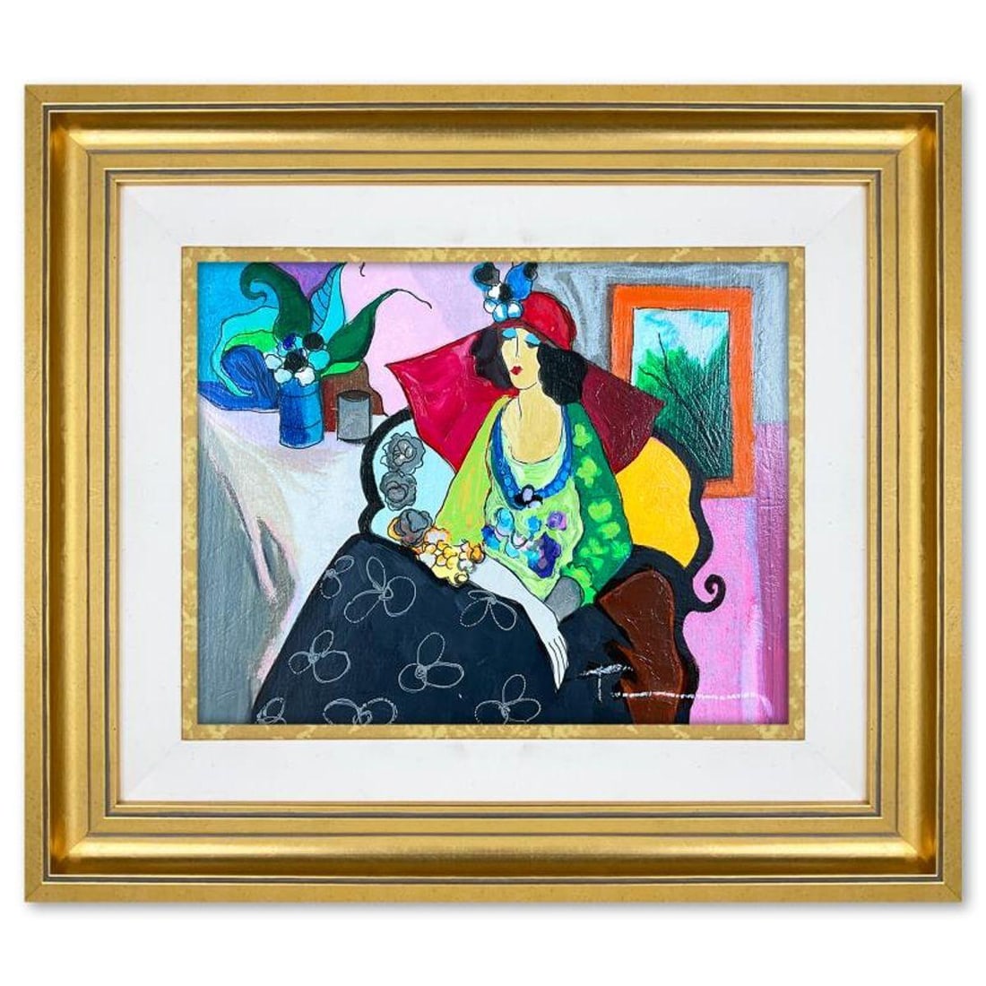 Itzchak Tarkay (1935-2012), "Red Hat" Framed One-of-a-Kind Mixed Media Over Paint on Wood, Hand: Red Hat is a one-of-a-kind mixed media over paint on wood by Itzchak Tarkay (1935-2012), hand signed by the artist. This piece comes custom framed. Includes Letter of Authenticity. Measures approx. 17
