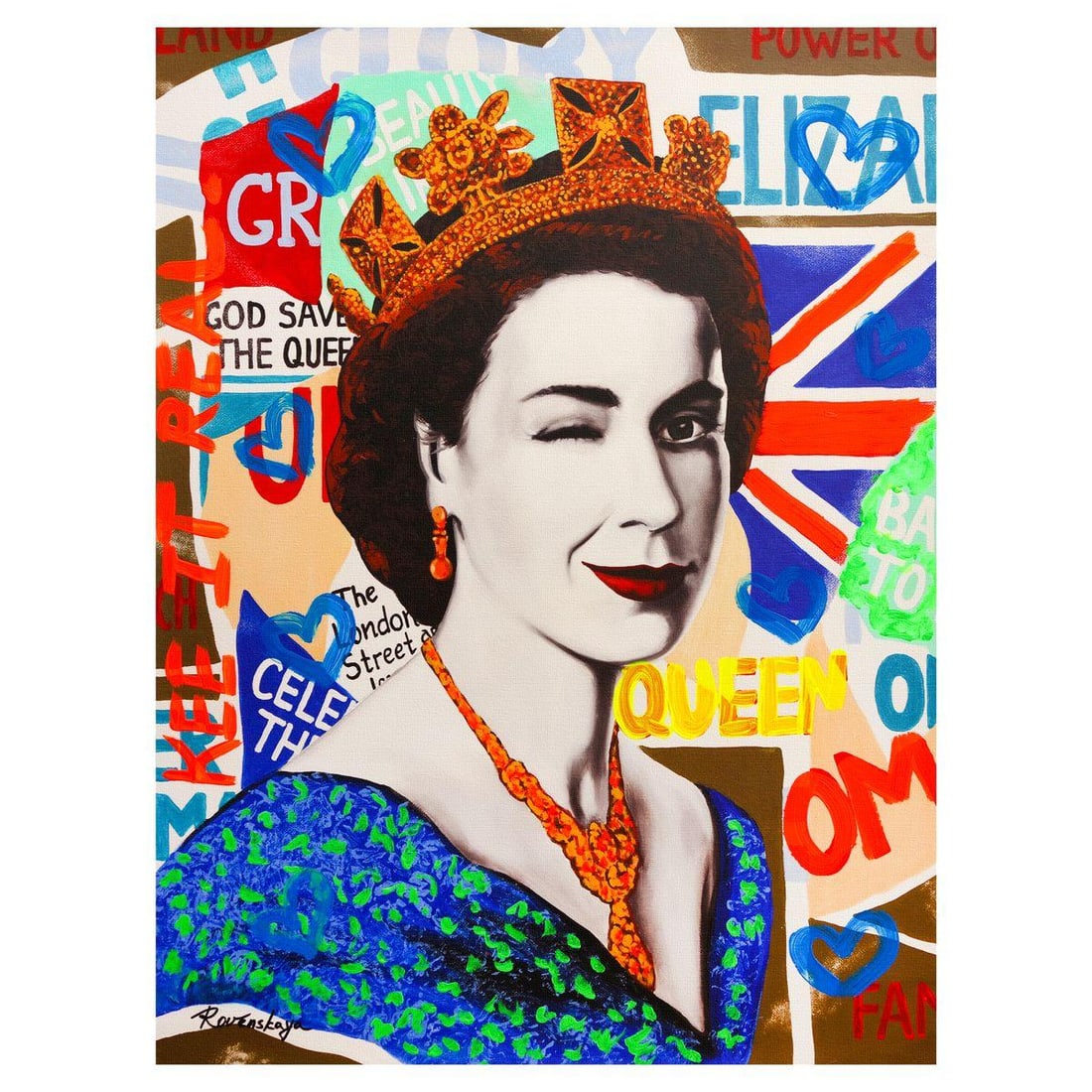 Nastya Rovenskaya- Mixed Media on Canvas "Queen Elizabeth": Artist: Nastya Rovenskaya. Medium: Mixed Media on Canvas. Title: Queen Elizabeth. Size: 40" x 30". Signature: Hand signed. Certificate of Authenticity: Is included. Reference#: 49436.