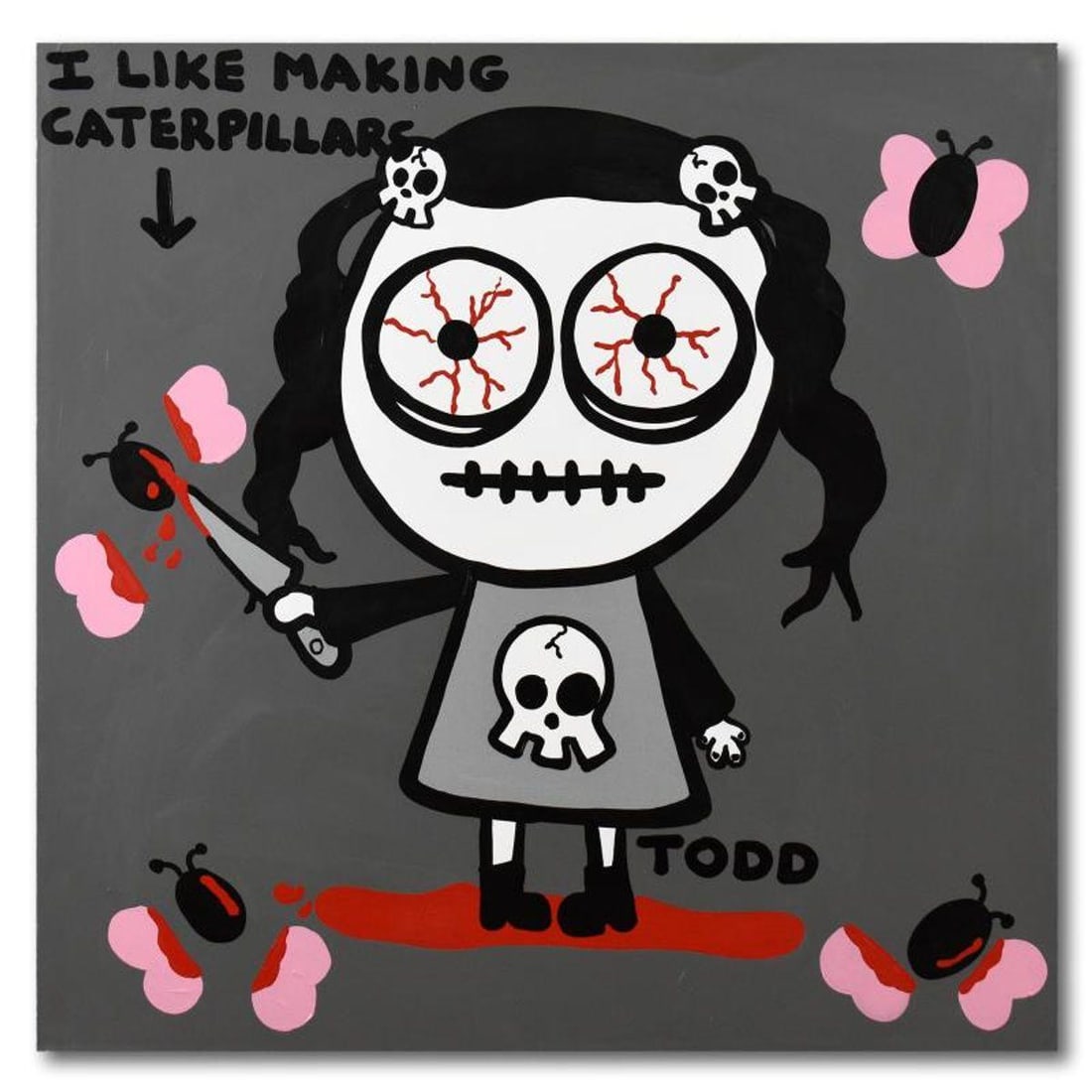 Todd Goldman, "I Like to Make Caterpillars" Original Acrylic Painting on Gallery Wrapped Canvas,: I Like to Make Caterpillars is an original acrylic painting on canvas by Todd Goldman, hand signed by the artist. This piece comes gallery wrapped. Includes Letter of Authenticity. Measures approx.