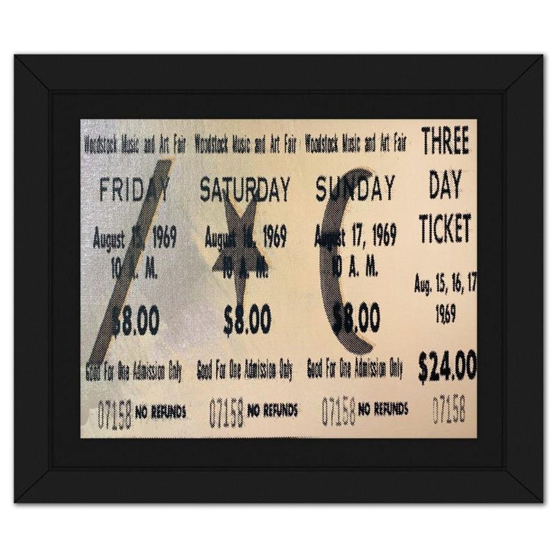 Steve Kaufman (1960-2010), "Woodstock Ticket" Framed Hand Embellished Limited Edition Silscreen,: Woodstock Ticket is a hand embellished limited edition silkscreen on canvas by Andy Warhol protege, Steve Kaufman (1960-2010), numbered 15/50 inverso and hand signed by the artist. This piece comes cu