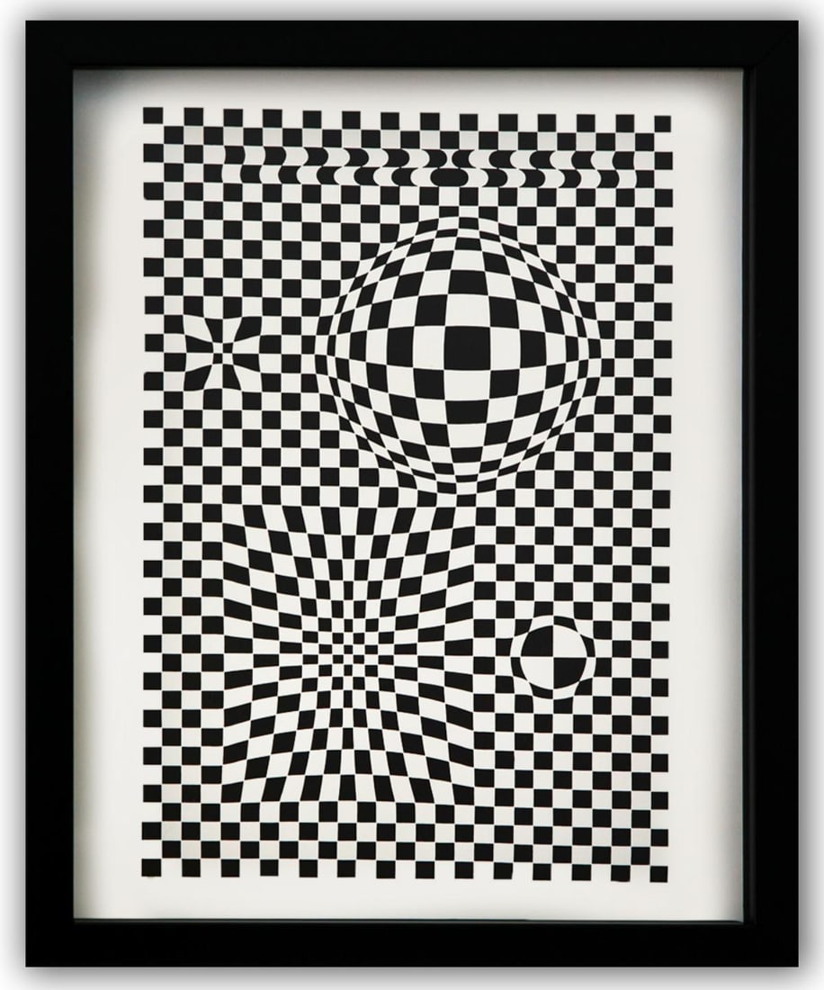 Victor Vasarely- Heliogravure Print "Untitled": Artist: Victor Vasarely. Medium: Heliogravure Print. Title: Untitled. Size: 13" x 10". Measures approx. 15" x 12" (framed). Additional: Custom Framed. Reference#: 21510.