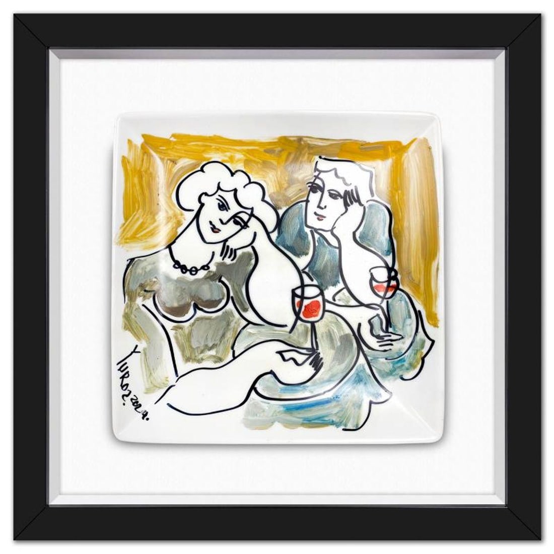 Yuroz, Framed Hand Painted Ceramic Plate, Hand Signed with Letter of Authenticity.: This is a hand painted ceramic plate by Yuroz, hand signed by the artist. This piece comes custom framed floated on linen. Includes Letter of Authenticity. Measures approx. 15.5" x 15.5" (frame), 10" 