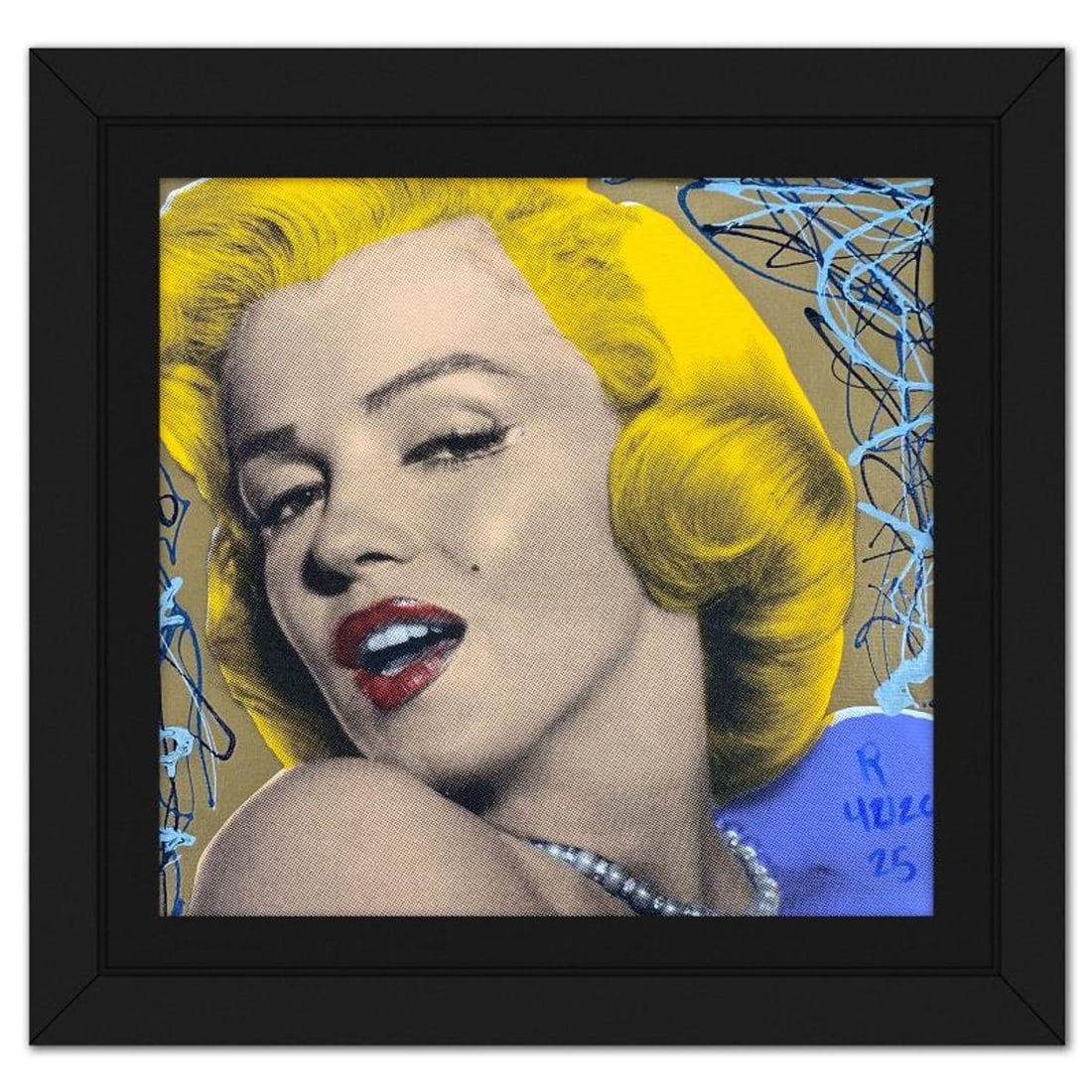 Ringo Daniel Funes, "Marilyn with Pearls" Framed One-of-a-Kind Mixed Media on Canvas, Hand Signed: Marilyn with Pearls is a one-of-a-kind hand-pulled mixed media silkscreen on canvas by Ringo (Daniel Funes) - protege of Andy Warhol's apprentice, Steve Kaufman.This piece is hand signed by the