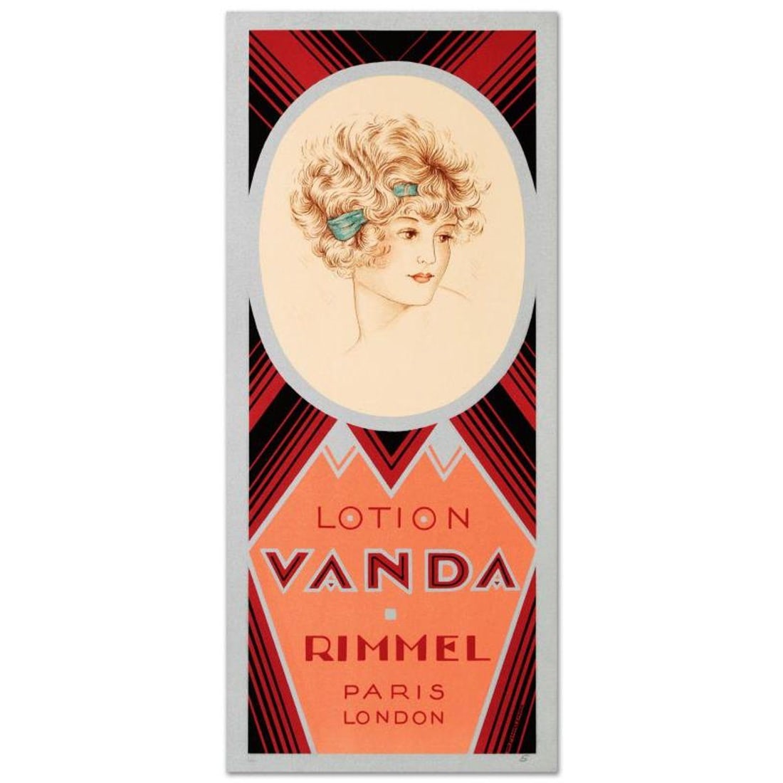 RE Society, "Rimmel-Lotion Vanda" Hand Pulled Lithograph. Includes Letter of Authenticity.: Rimmel-Lotion Vanda is a hand pulled lithograph on paper by the RE Society. Includes letter of authenticity. Measures approx. 10.5" x 23.5" (with border), 9" x 22.5" (image). Reference#: 93314.