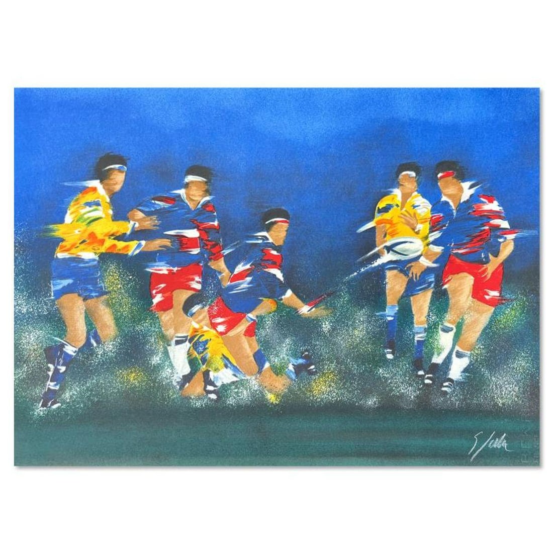 Victor Spahn, "Rugby" hand signed limited edition lithograph with Certificate of Authenticity.: Rugby is a limited edition lithograph on paper by Victor Spahn. Printed at Art-Lithographies workshop in Paris, the piece is hand signed by the artist and comes with a certificate of authenticity. Mea
